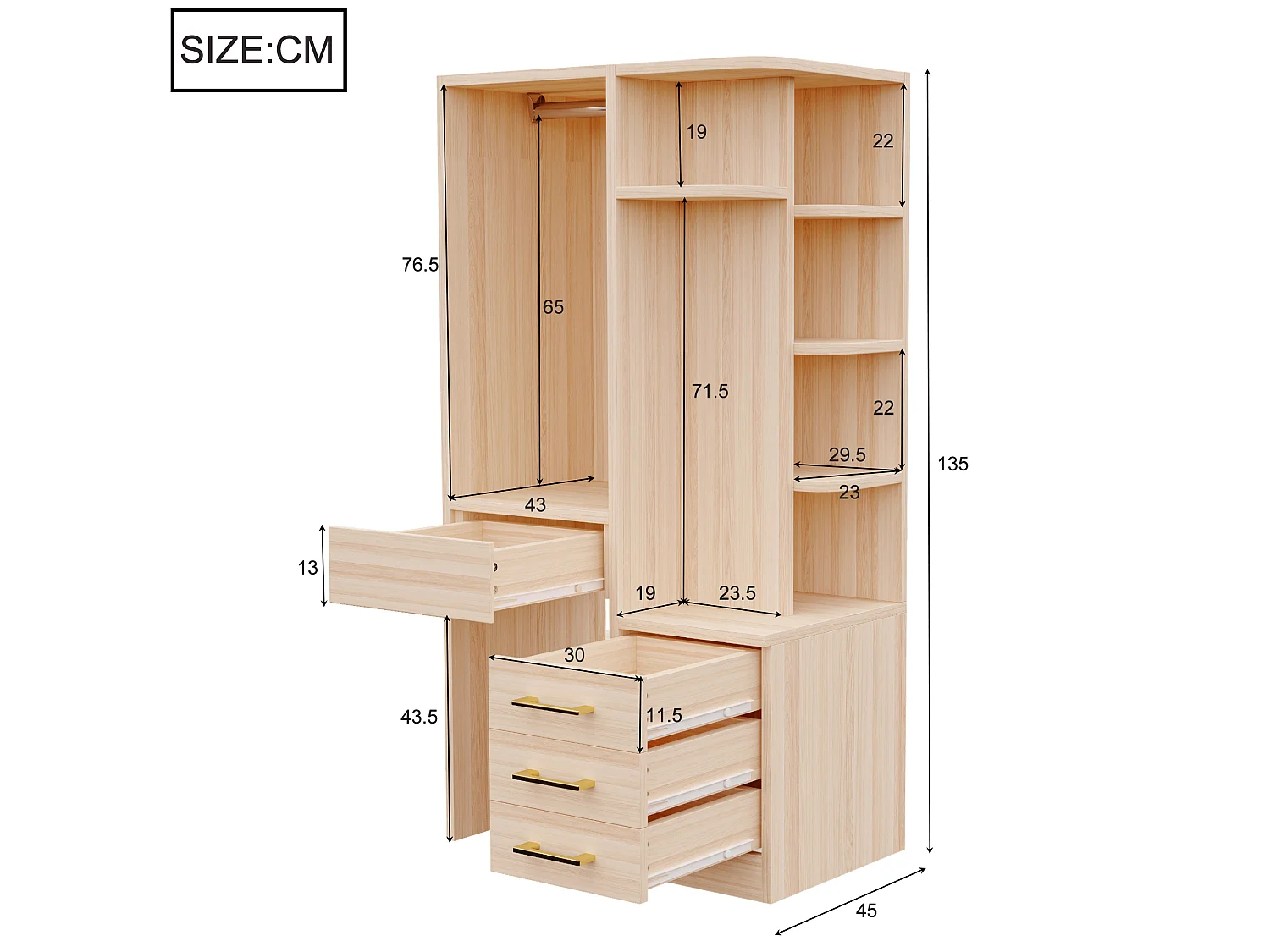 Kleiderschrank mit Kleiderstange, 4 Schubladen und offenen Regalfächern – Holz, Metall, Sperrholz und MDF – 70 x 45 x 135 cm – Holzoptik