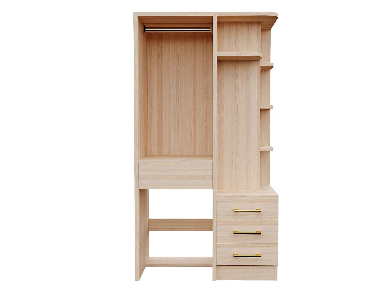 Kleiderschrank mit Kleiderstange, 4 Schubladen und offenen Regalfächern – Holz, Metall, Sperrholz und MDF – 70 x 45 x 135 cm – Holzoptik