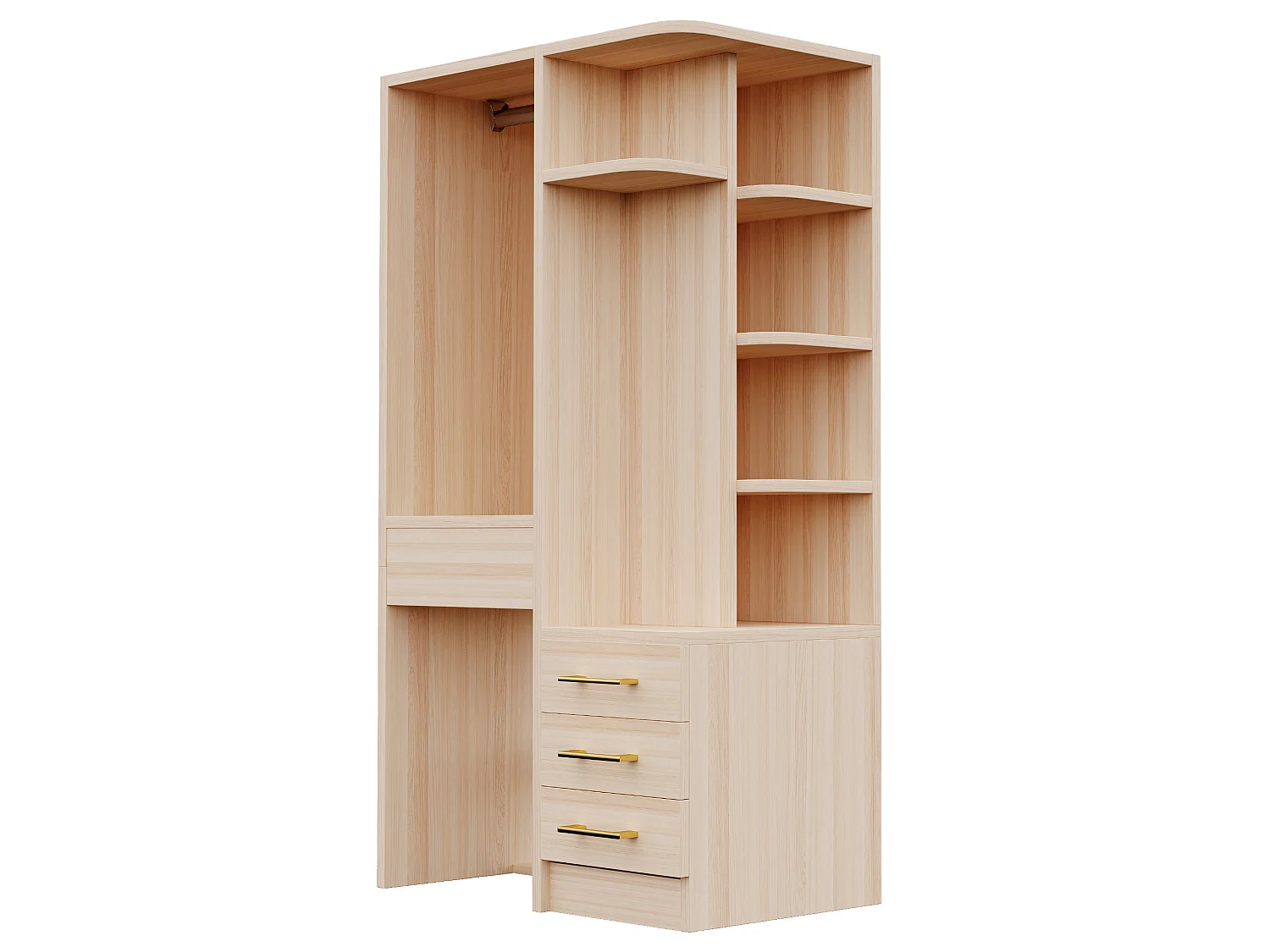 Kleiderschrank mit Kleiderstange, 4 Schubladen und offenen Regalfächern – Holz, Metall, Sperrholz und MDF – 70 x 45 x 135 cm – Holzoptik