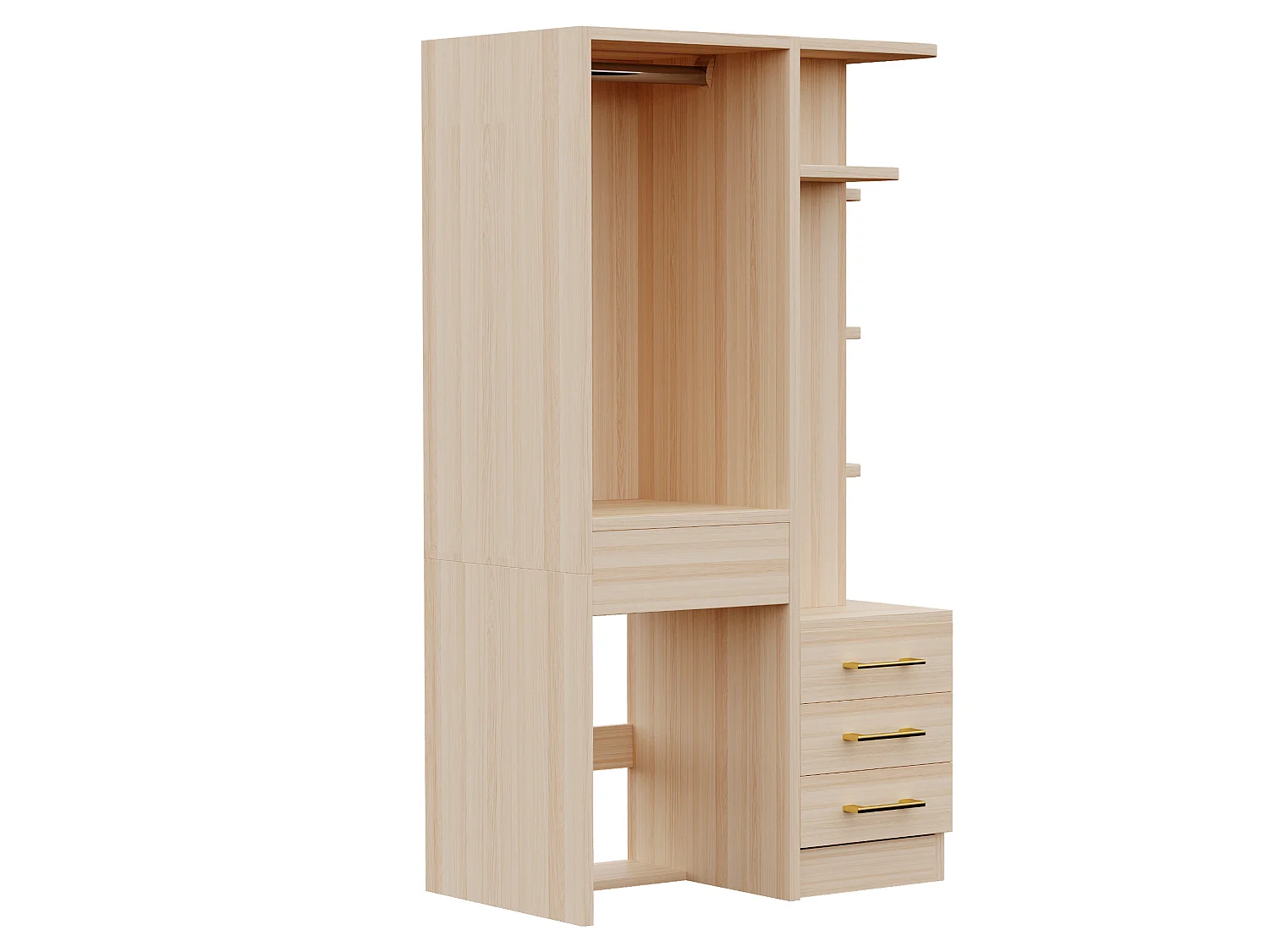 Kleiderschrank mit Kleiderstange, 4 Schubladen und offenen Regalfächern – Holz, Metall, Sperrholz und MDF – 70 x 45 x 135 cm – Holzoptik