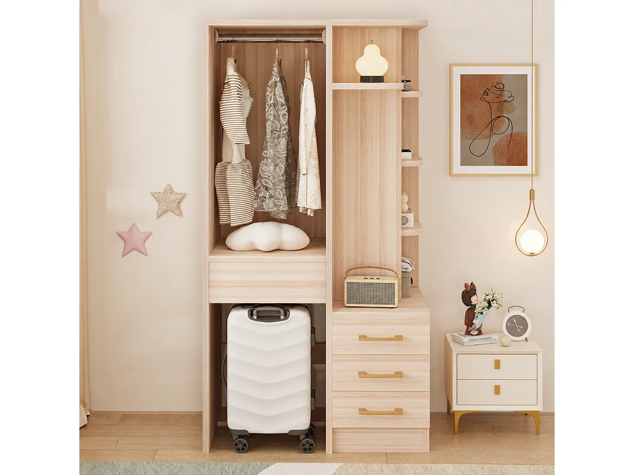 Kleiderschrank mit Kleiderstange, 4 Schubladen und offenen Regalfächern – Holz, Metall, Sperrholz und MDF – 70 x 45 x 135 cm – Holzoptik