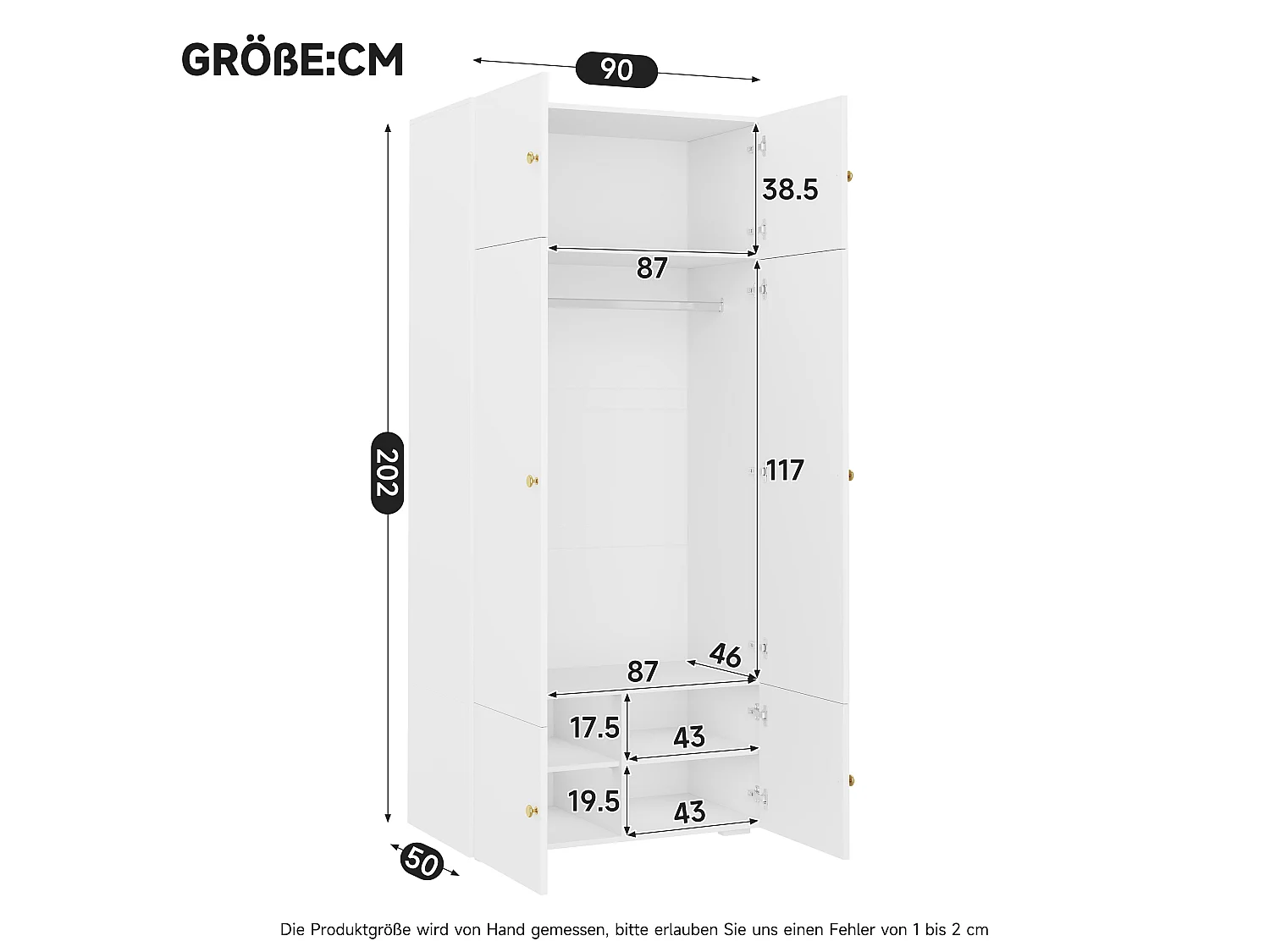 Weißer Kleiderschrank mit 6 Türen, Kleiderstange und 5 Fächern – Spanplatte – 90 x 50 x 200 cm – Weiß