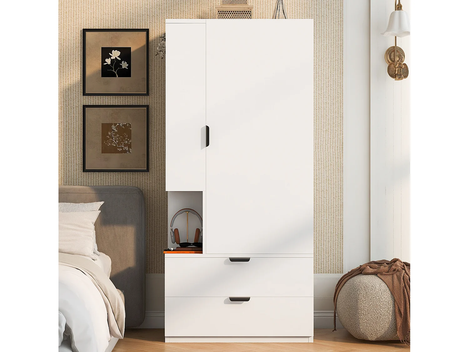 Kleiderschrank mit einer Tür, Kleiderstange, zwei doppelstöckigen Schubladen und offenen Regalfächern – Holz und Holzwerkstoffplatten – 70 x 50 x 170 cm – Weiß