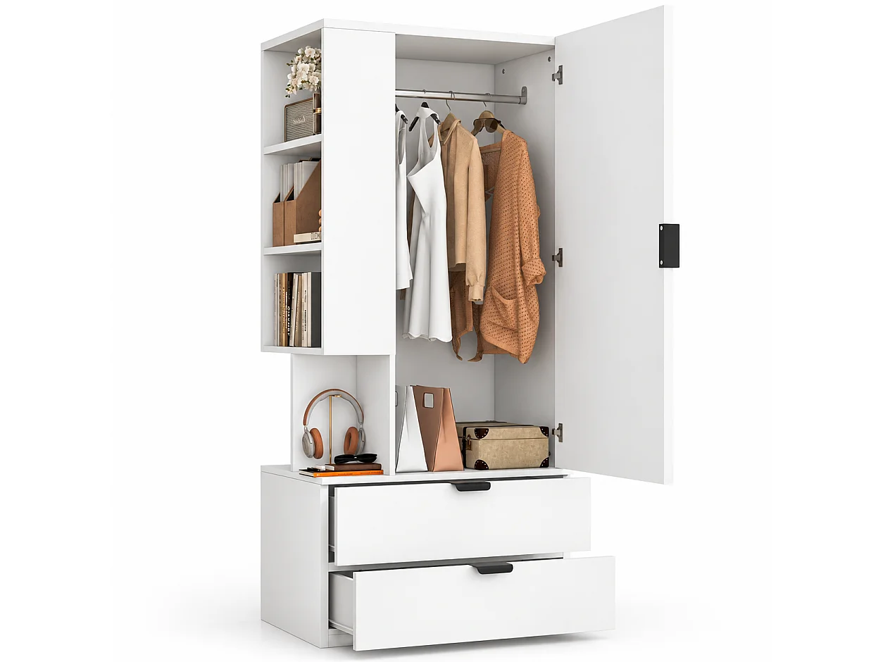 Kleiderschrank mit einer Tür, Kleiderstange, zwei doppelstöckigen Schubladen und offenen Regalfächern – Holz und Holzwerkstoffplatten – 70 x 50 x 170 cm – Weiß