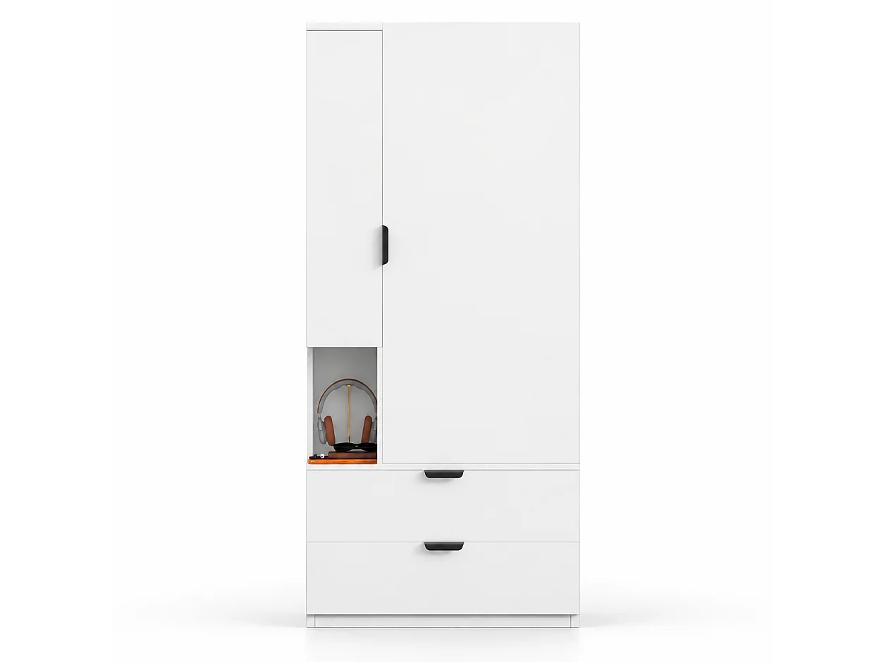 Kleiderschrank mit einer Tür, Kleiderstange, zwei doppelstöckigen Schubladen und offenen Regalfächern – Holz und Holzwerkstoffplatten – 70 x 50 x 170 cm – Weiß