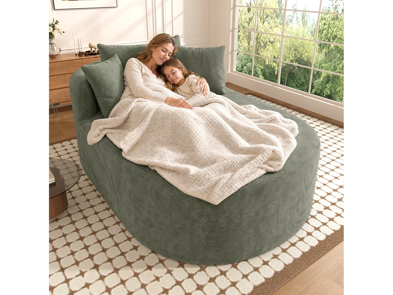 Canapé de relaxation ovale 1 place avec coussin et assise profonde - Velours côtelé - 170 x 112,5 x 83 cm - Vert