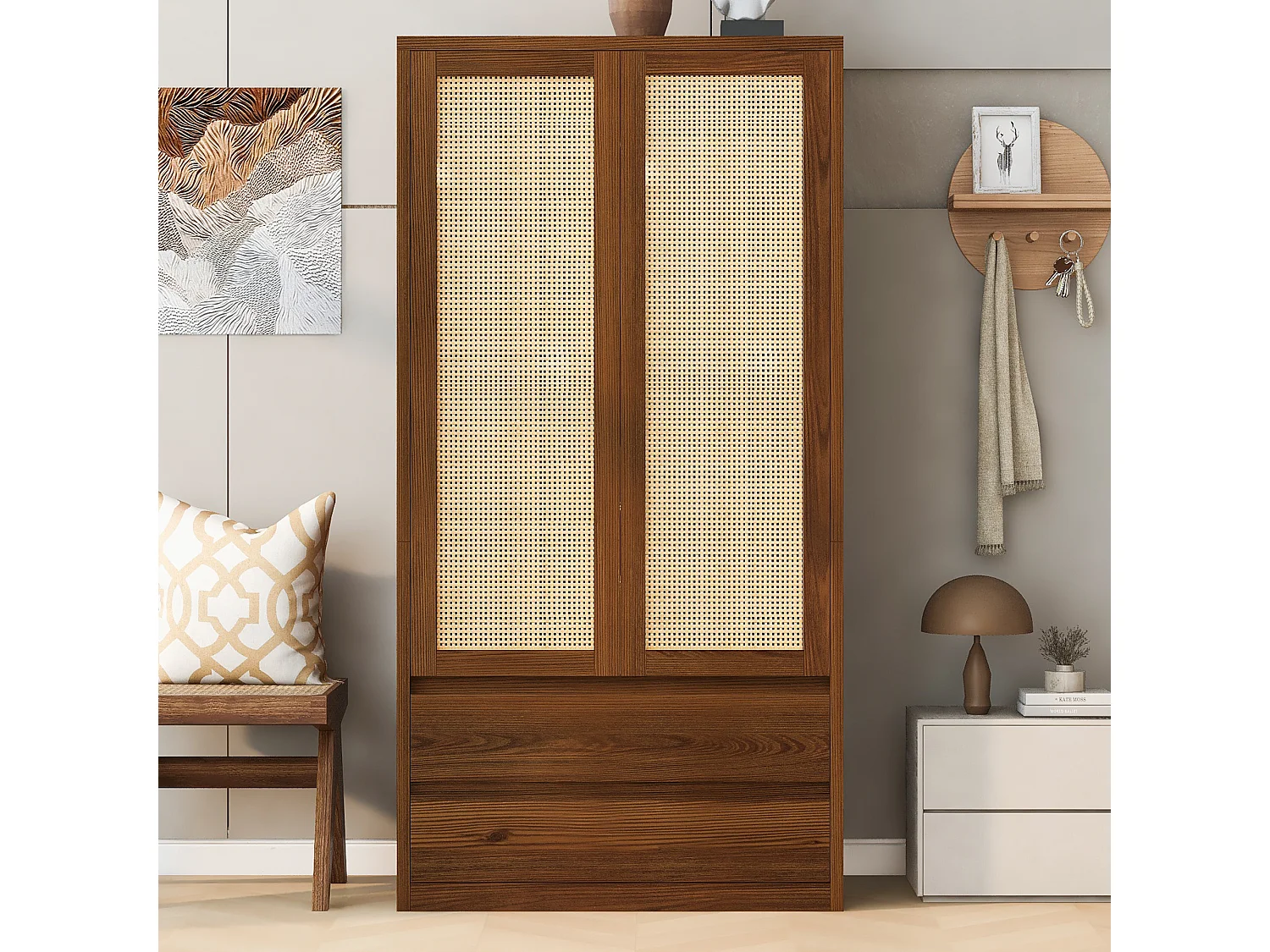 2-deurs kledingkast met rotanlook, kledingstang en 2 grote lades - Hout en panelen met houtnerfstructuur - 90 x 50 x 170 cm - Houtlook