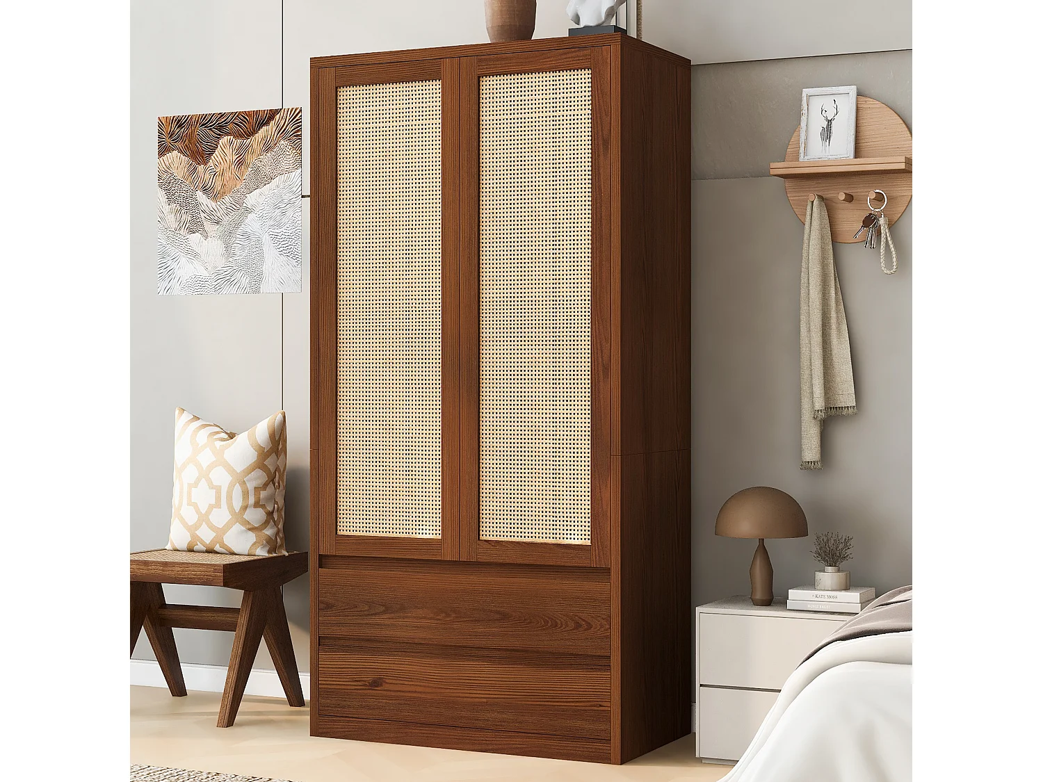 2-deurs kledingkast met rotanlook, kledingstang en 2 grote lades - Hout en panelen met houtnerfstructuur - 90 x 50 x 170 cm - Houtlook