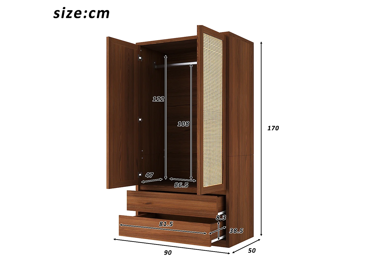 2-deurs kledingkast met rotanlook, kledingstang en 2 grote lades - Hout en panelen met houtnerfstructuur - 90 x 50 x 170 cm - Houtlook