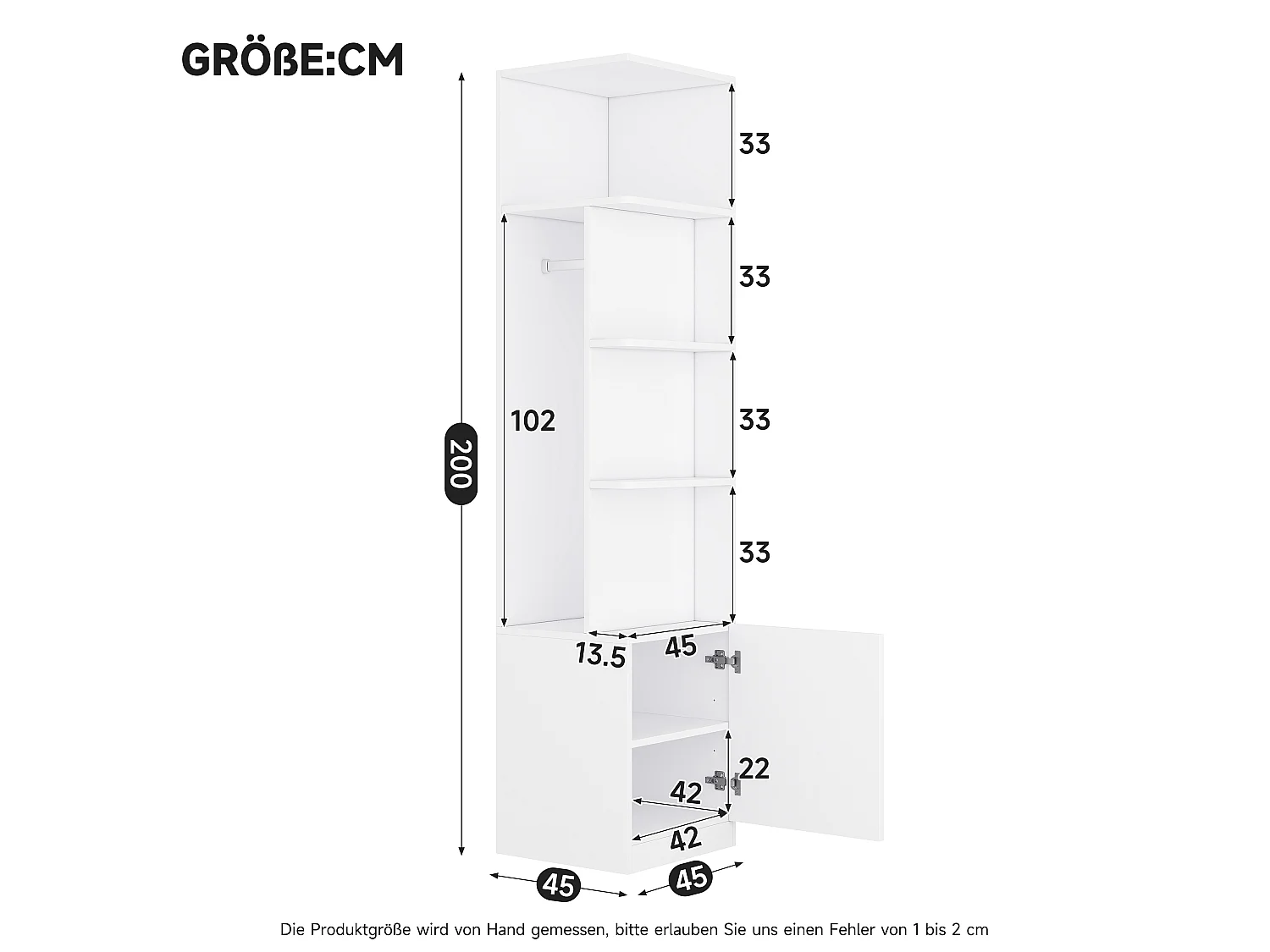 Kleiderschrank mit 3 Kleiderstangen und 4 Schubladen, 5 Flügeltüren – MDF, Massivholz und Stahl – 225 x 45 x 200 cm – weiß