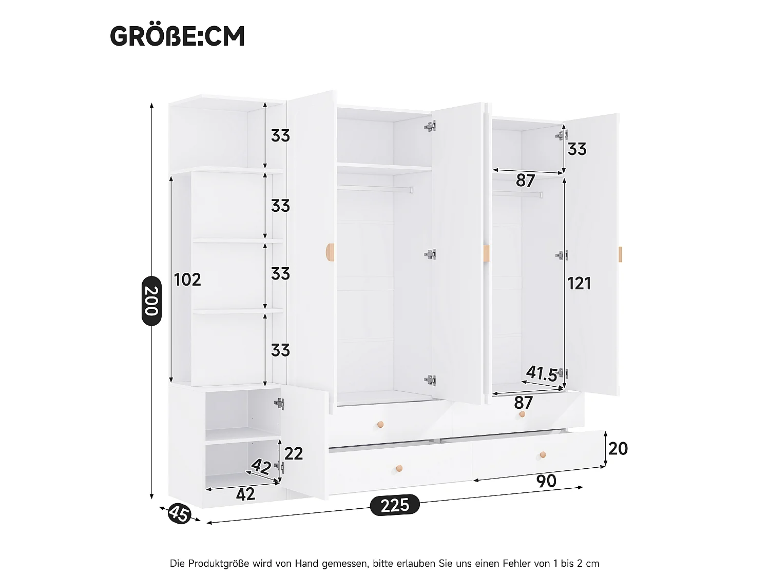 Kleiderschrank mit 3 Kleiderstangen und 4 Schubladen, 5 Flügeltüren – MDF, Massivholz und Stahl – 225 x 45 x 200 cm – weiß