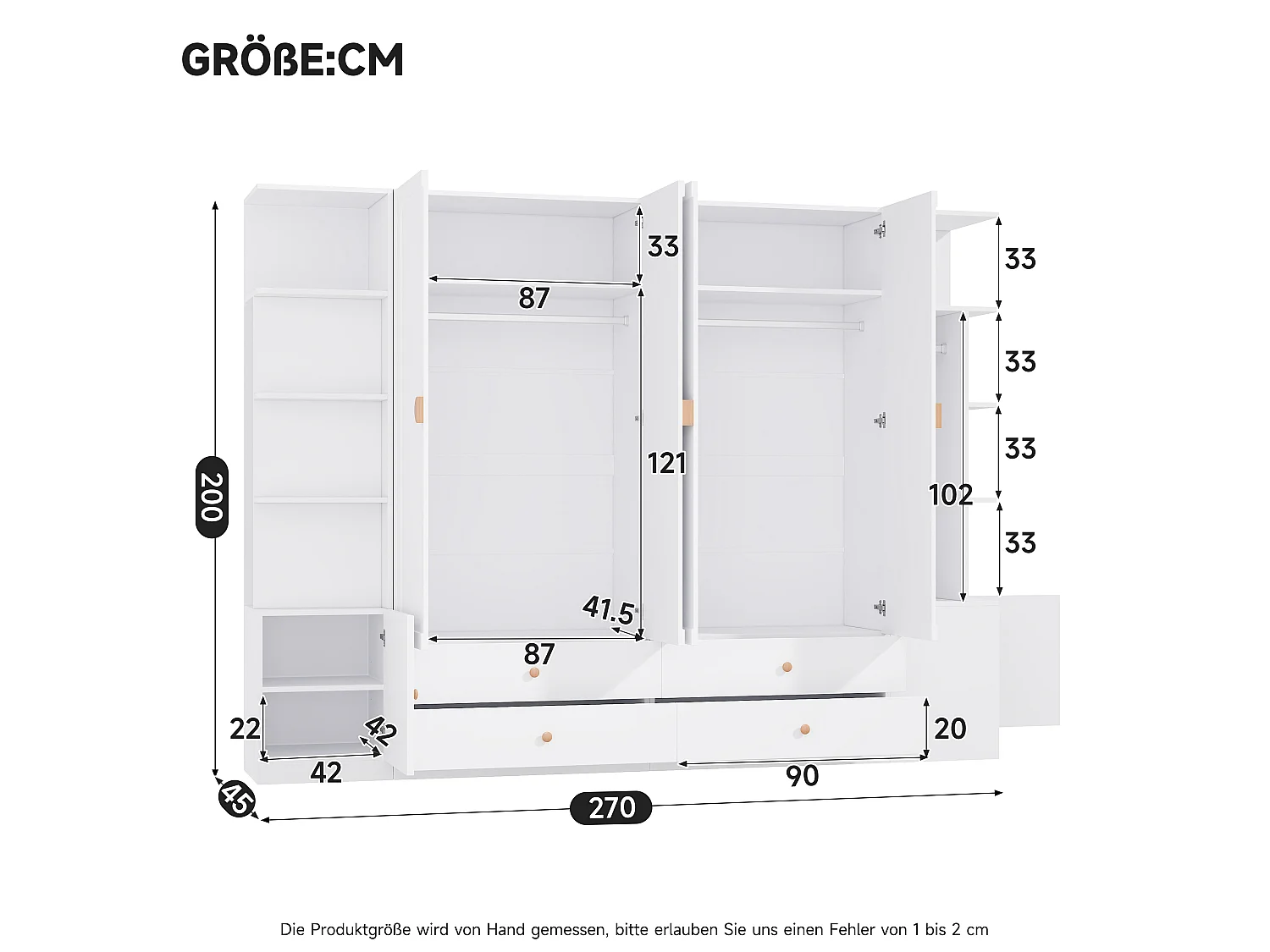 Szafa 6-drzwiowa, 4 drążki na ubrania i 4 szuflady - MDF, lite drewno i stal - 270 x 45 x 200 cm - biała
