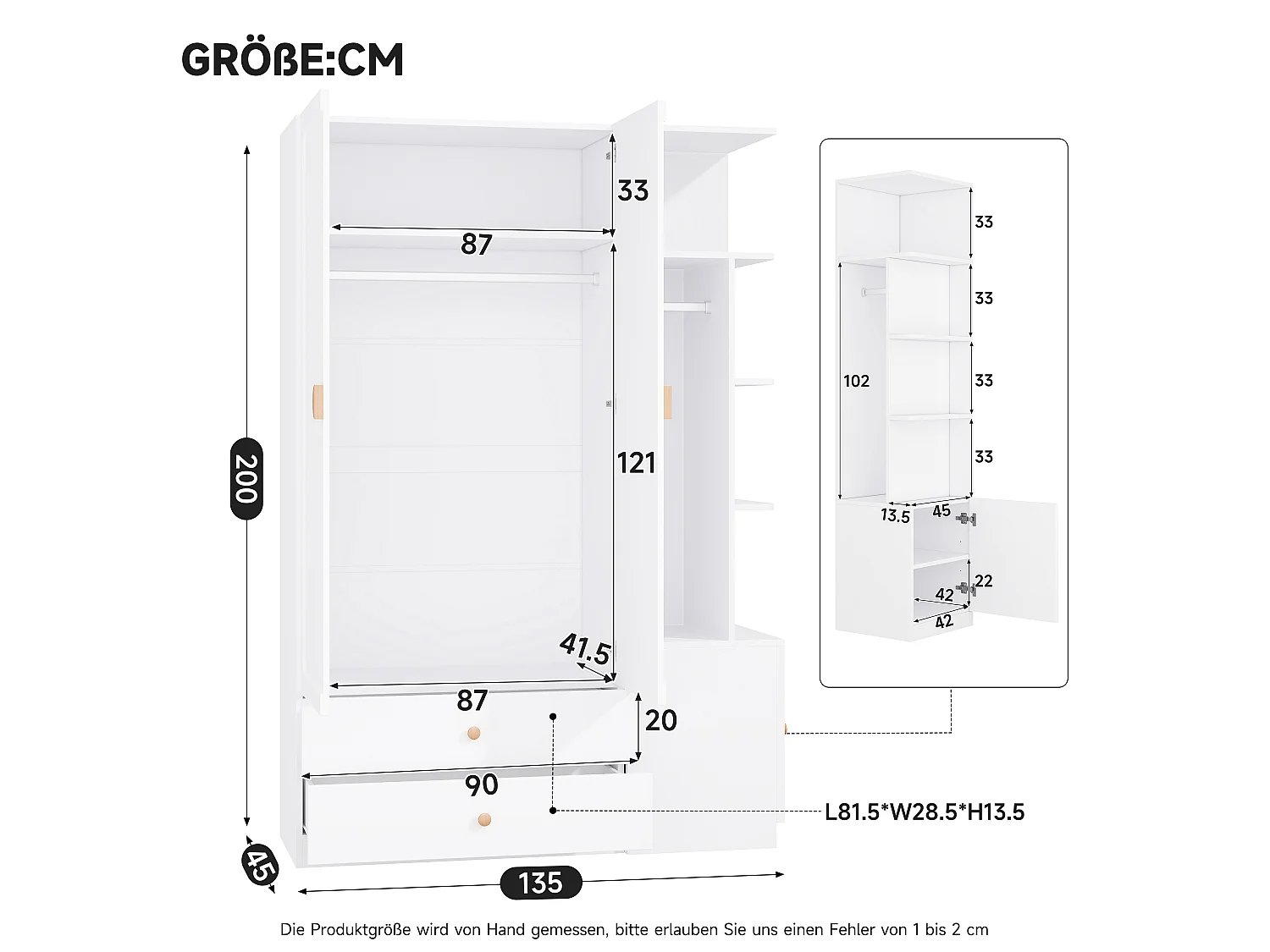 Szafa z 2 drążkami na ubrania, 2 szufladami i uchwytami z litego drewna - MDF, lite drewno i stal - 135 x 45 x 200 cm - biała