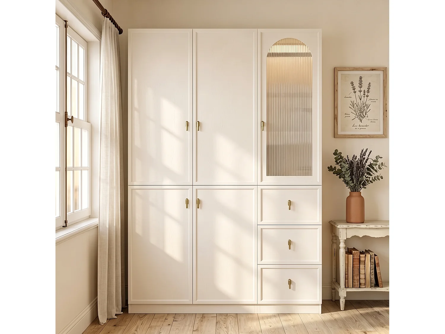 Szafa 5-drzwiowa z 3 drążkami na ubrania, 3 szufladami i oświetleniem LED - MDF i szkło - 135 x 48 x 200 cm - biała