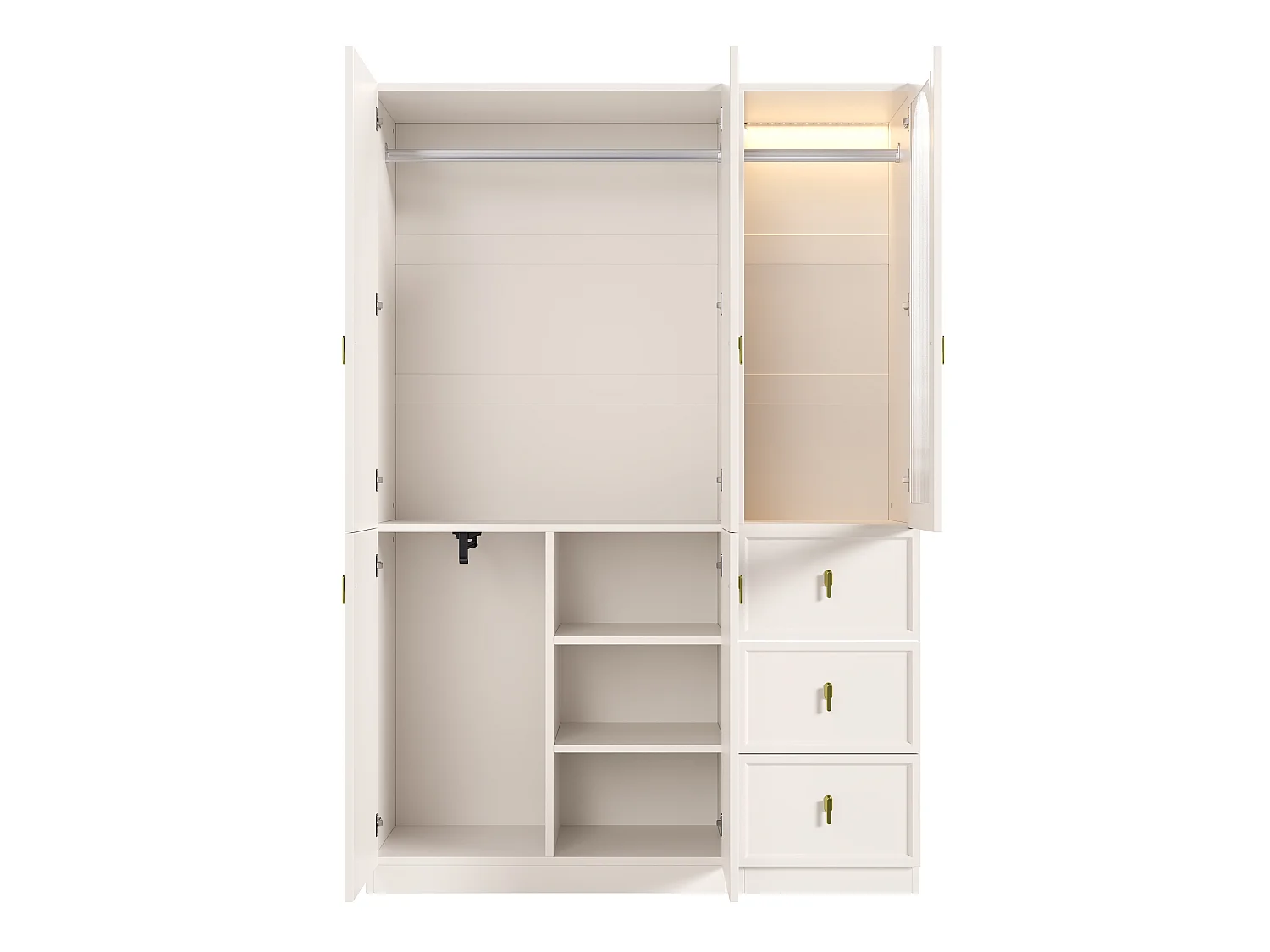 Szafa 5-drzwiowa z 3 drążkami na ubrania, 3 szufladami i oświetleniem LED - MDF i szkło - 135 x 48 x 200 cm - biała