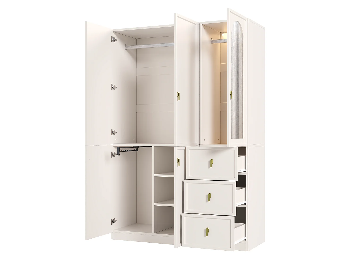 Szafa 5-drzwiowa z 3 drążkami na ubrania, 3 szufladami i oświetleniem LED - MDF i szkło - 135 x 48 x 200 cm - biała