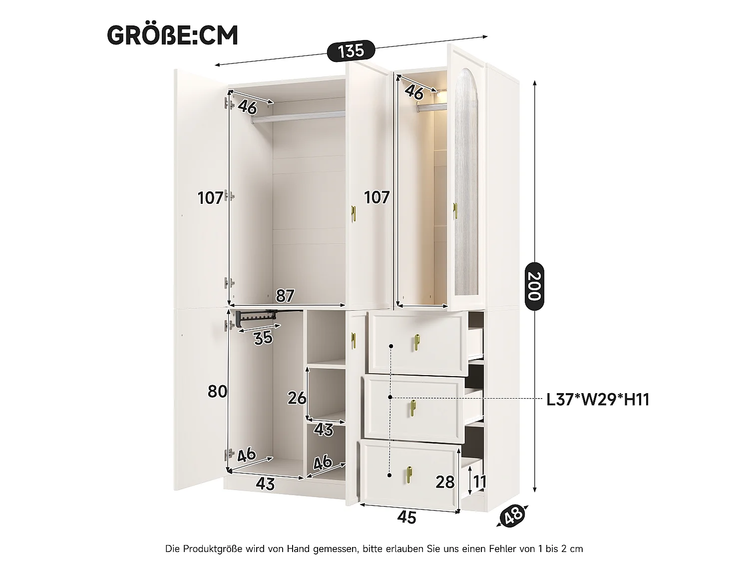 Szafa 5-drzwiowa z 3 drążkami na ubrania, 3 szufladami i oświetleniem LED - MDF i szkło - 135 x 48 x 200 cm - biała