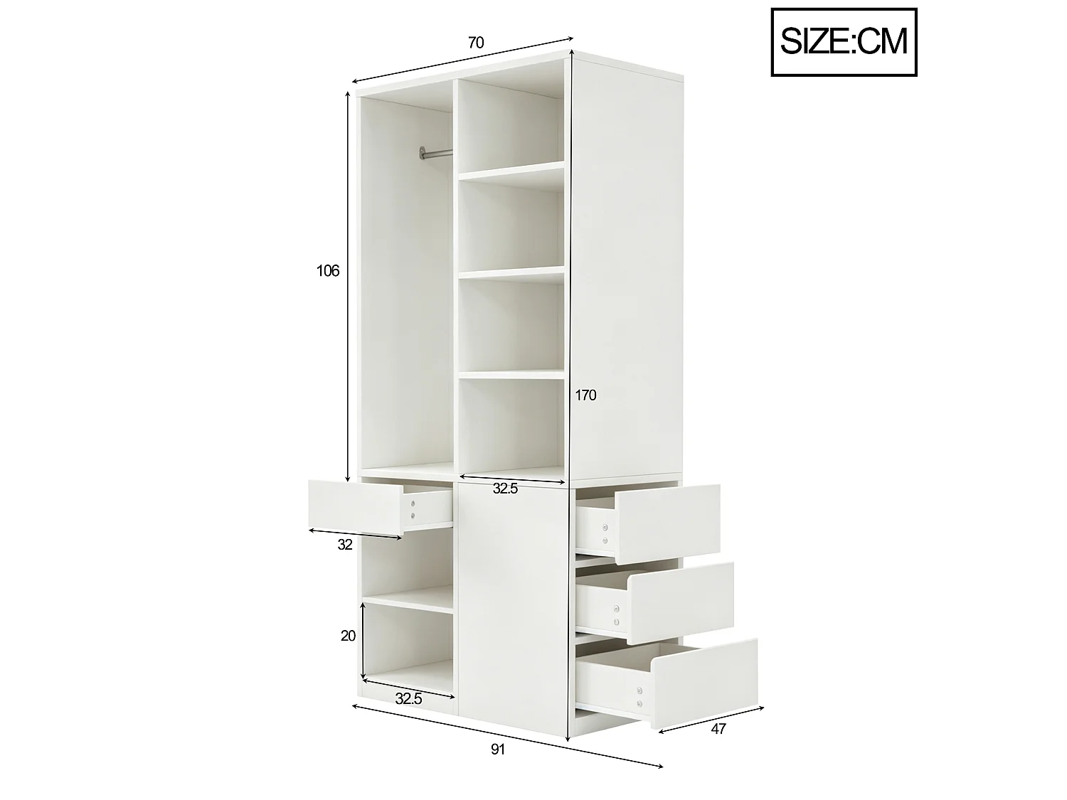 Kleiderschrank mit Kleiderstange, 4 Schubladen und offenen Regalfächern – Sperrholz und MDF – 70 x 50 x 170 cm – Weiß