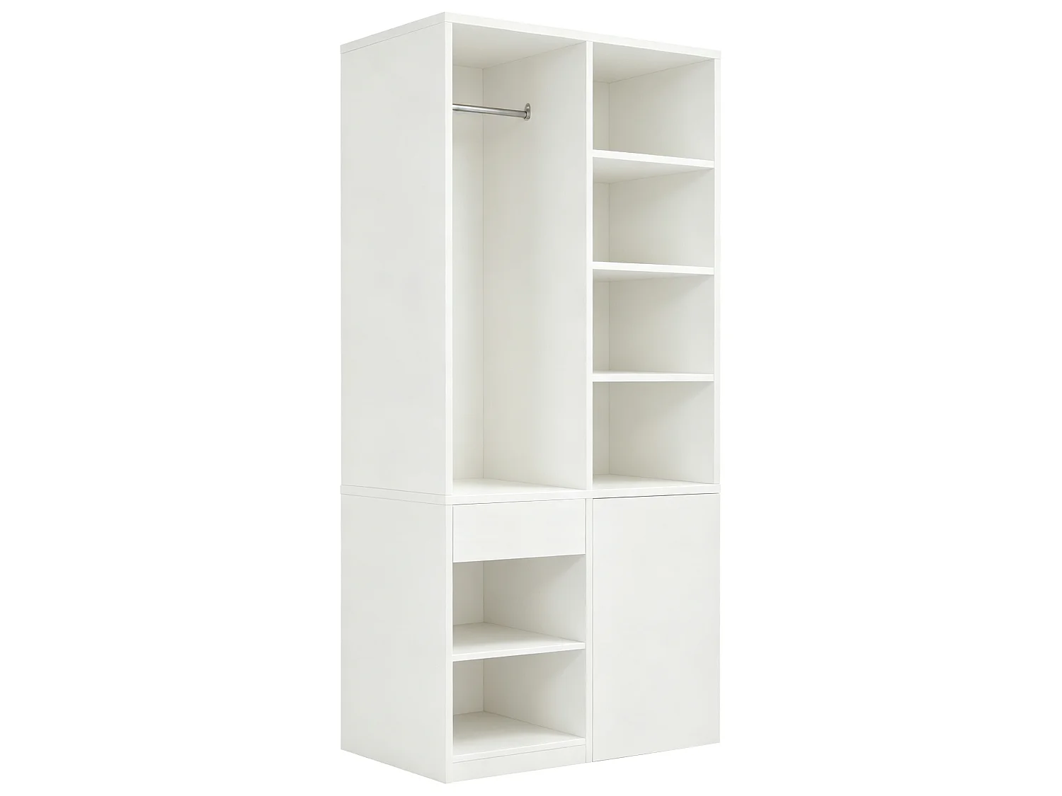 Kleiderschrank mit Kleiderstange, 4 Schubladen und offenen Regalfächern – Sperrholz und MDF – 70 x 50 x 170 cm – Weiß