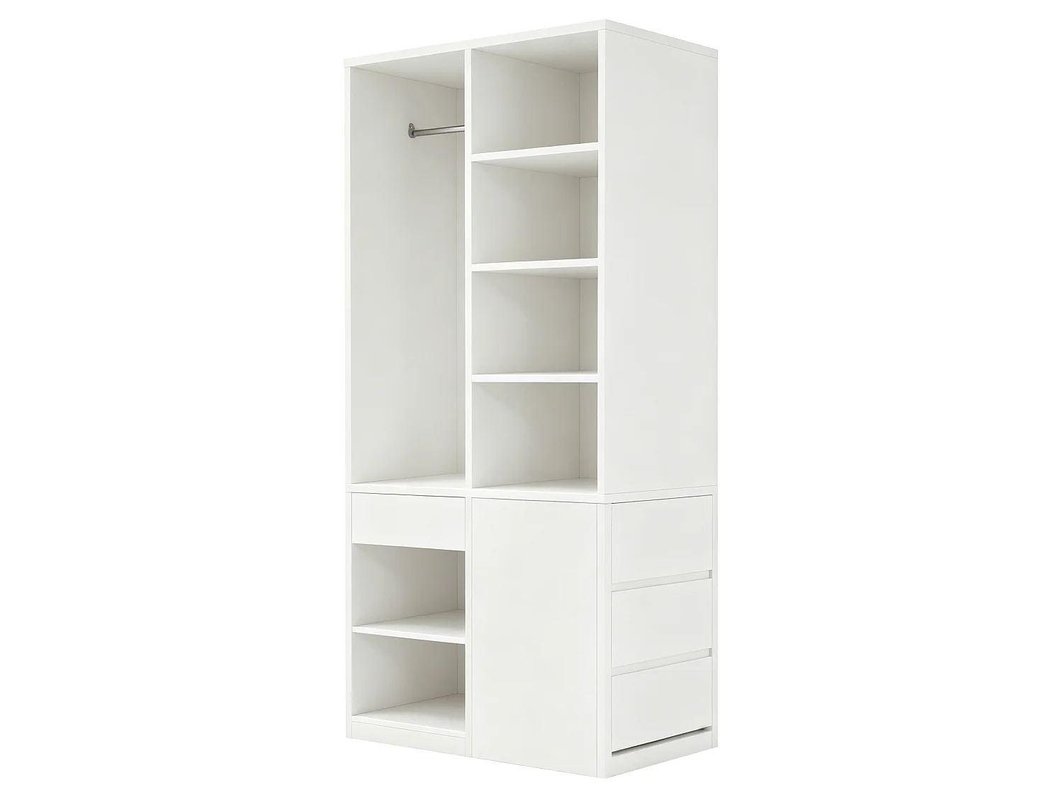 Kleiderschrank mit Kleiderstange, 4 Schubladen und offenen Regalfächern – Sperrholz und MDF – 70 x 50 x 170 cm – Weiß
