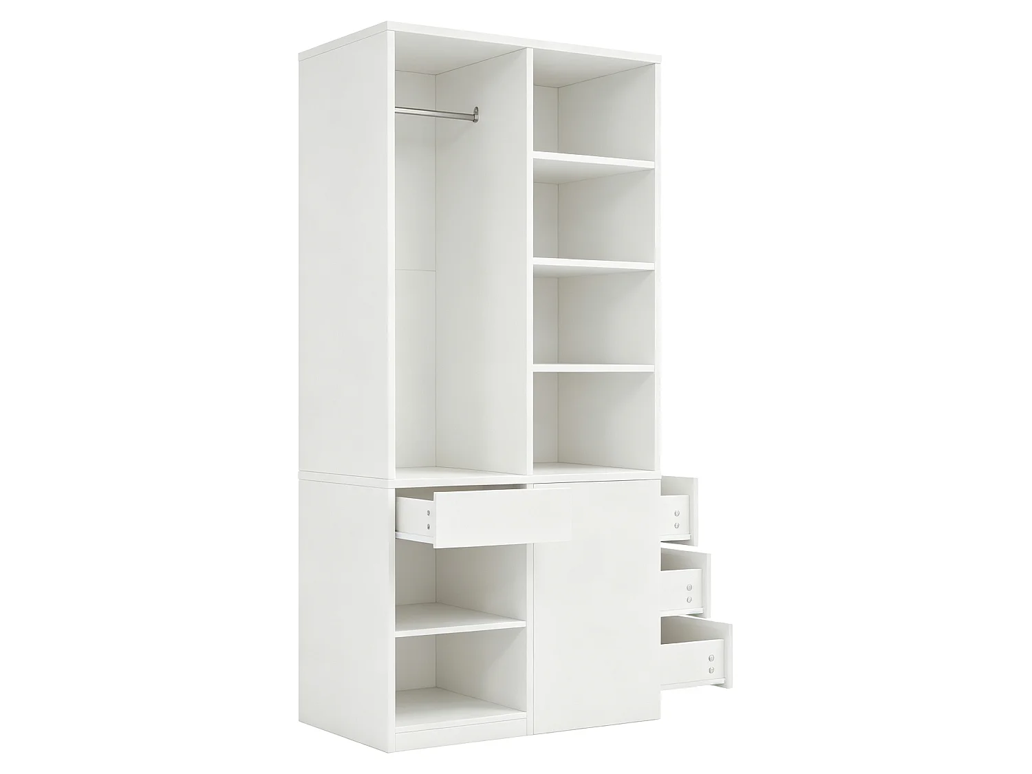 Kleiderschrank mit Kleiderstange, 4 Schubladen und offenen Regalfächern – Sperrholz und MDF – 70 x 50 x 170 cm – Weiß