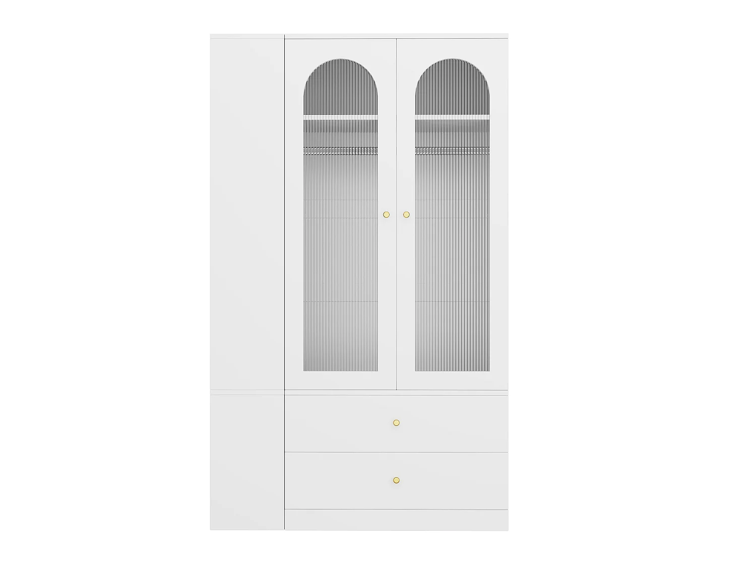 Kleiderschrank mit 2 Glastüren, 2 Kleiderstangen und 4 Schubladen – MDF, Stahl und Glas – 120 x 50 x 200 cm – Weiß