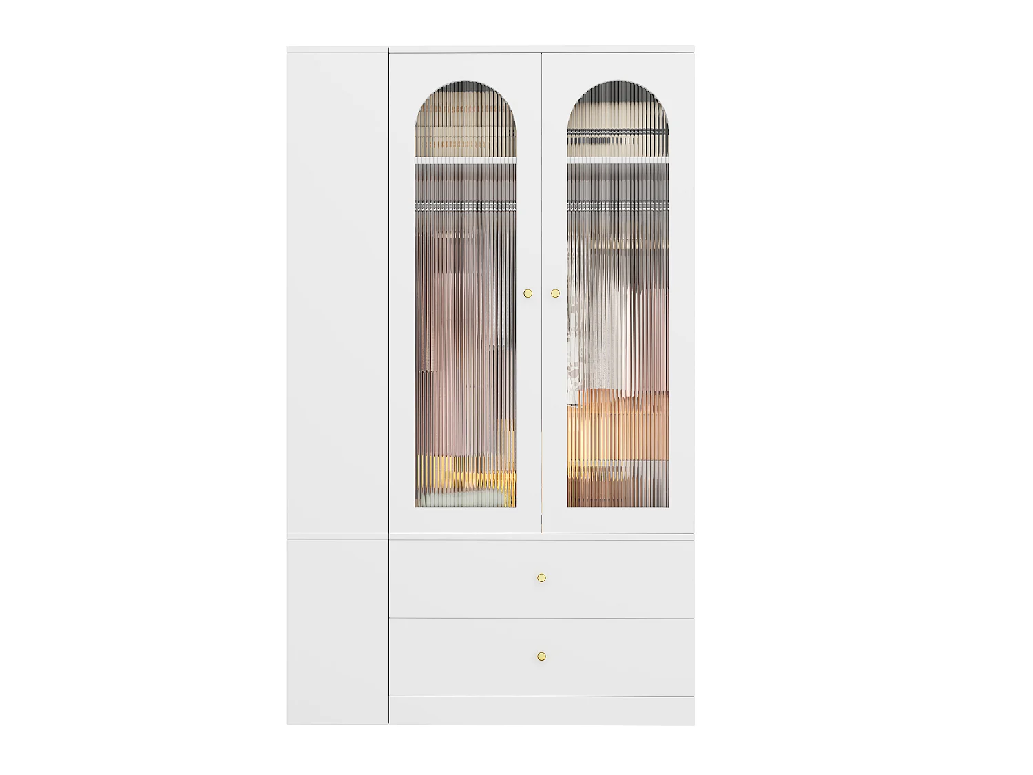 Kleiderschrank mit 2 Glastüren, 2 Kleiderstangen und 4 Schubladen – MDF, Stahl und Glas – 120 x 50 x 200 cm – Weiß