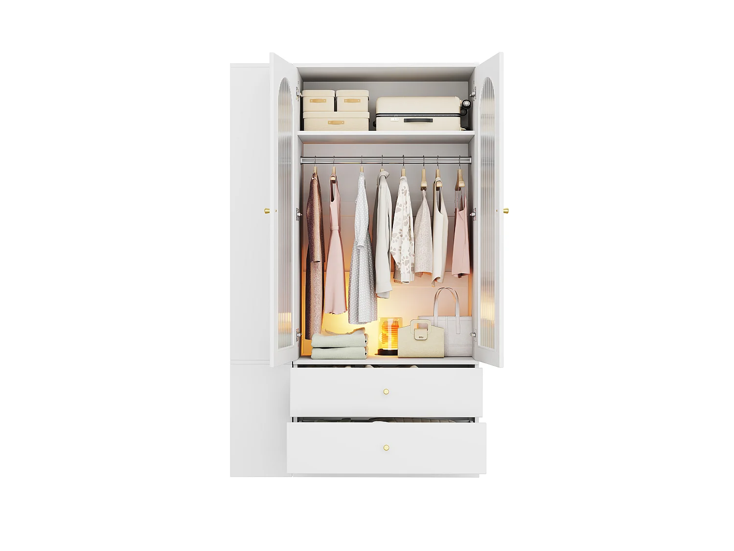 Kleiderschrank mit 2 Glastüren, 2 Kleiderstangen und 4 Schubladen – MDF, Stahl und Glas – 120 x 50 x 200 cm – Weiß