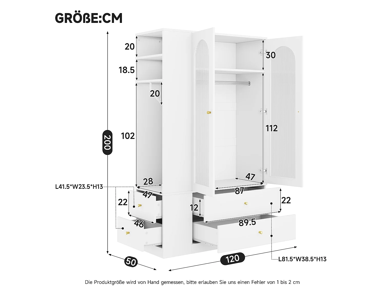 Kleiderschrank mit 2 Glastüren, 2 Kleiderstangen und 4 Schubladen – MDF, Stahl und Glas – 120 x 50 x 200 cm – Weiß
