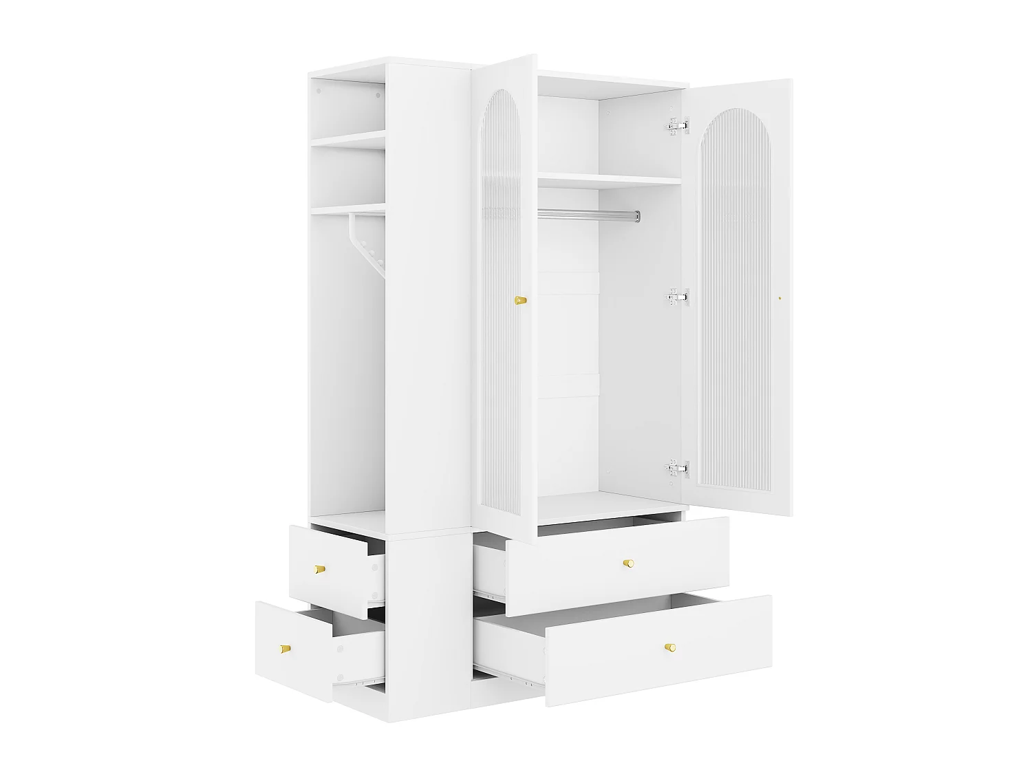 Kleiderschrank mit 2 Glastüren, 2 Kleiderstangen und 4 Schubladen – MDF, Stahl und Glas – 120 x 50 x 200 cm – Weiß