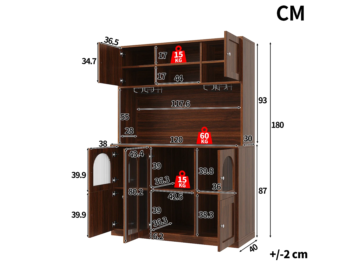 Szafka kuchenna z 7 drzwiami, regulowanymi półkami i wielokolorowym oświetleniem LED - MDF, szkło - 120 x 40 x 180 cm - Ciemny brąz