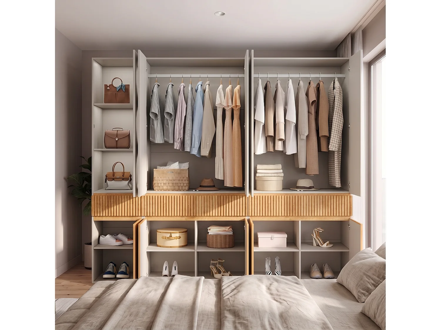 10-türiger Kleiderschrank mit 2 Kleiderstangen und 3 Schubladen – MDF und Spanplatte – 225 x 50 x 200 cm – helle Eiche
