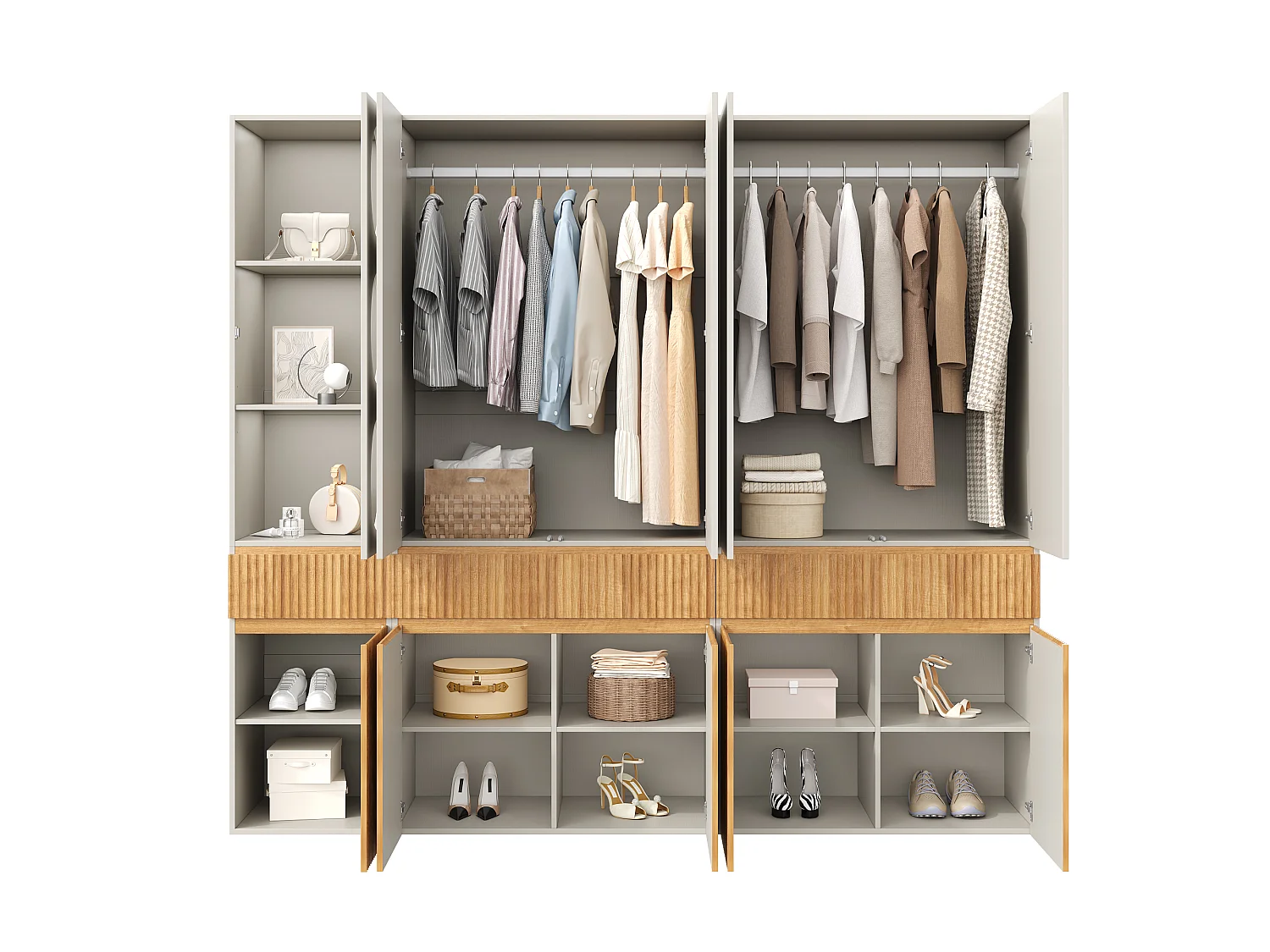 10-türiger Kleiderschrank mit 2 Kleiderstangen und 3 Schubladen – MDF und Spanplatte – 225 x 50 x 200 cm – helle Eiche