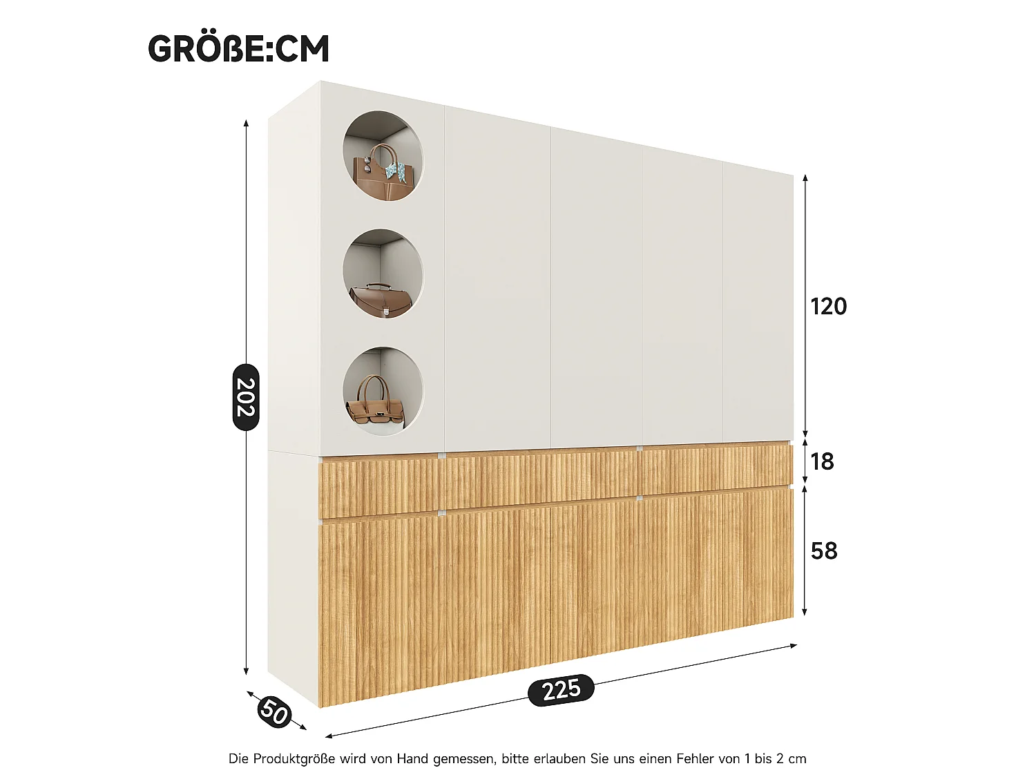 10-türiger Kleiderschrank mit 2 Kleiderstangen und 3 Schubladen – MDF und Spanplatte – 225 x 50 x 200 cm – helle Eiche