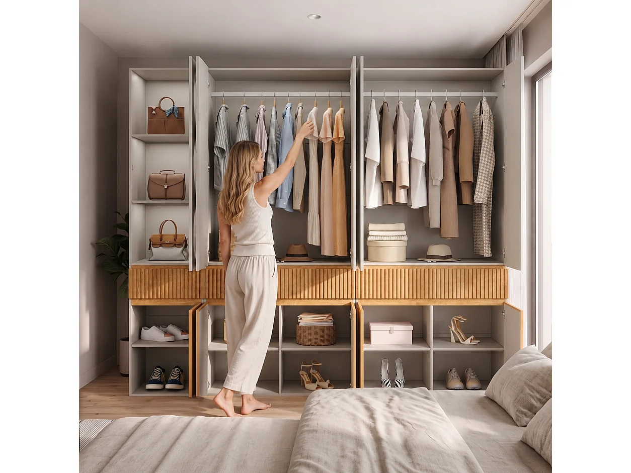 10-türiger Kleiderschrank mit 2 Kleiderstangen und 3 Schubladen – MDF und Spanplatte – 225 x 50 x 200 cm – helle Eiche
