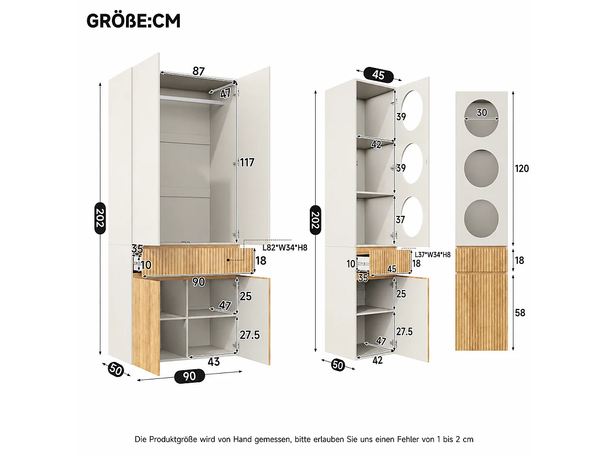 10-türiger Kleiderschrank mit 2 Kleiderstangen und 3 Schubladen – MDF und Spanplatte – 225 x 50 x 200 cm – helle Eiche