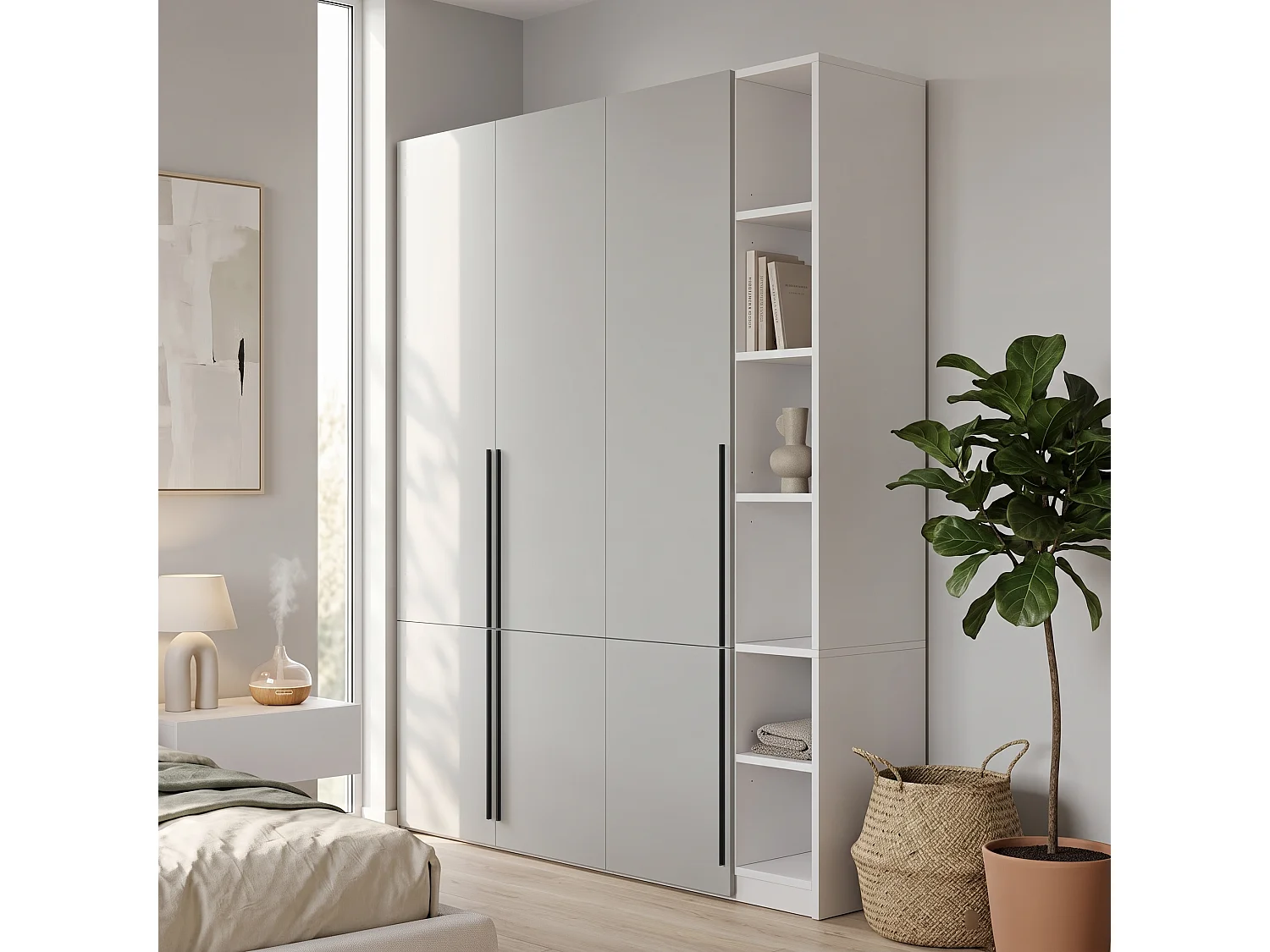 Armoire avec 4 portes, 2 penderies, porte-pantalons coulissant et 14 compartiments - MDF et panneaux de particules - 160 x 50 x 200 cm - gris