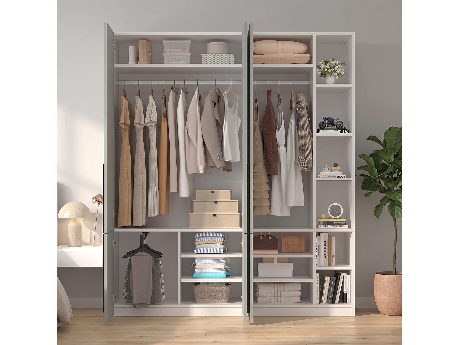 Armoire avec 4 portes, 2 penderies, porte-pantalons coulissant et 14 compartiments - MDF et panneaux de particules - 160 x 50 x 200 cm - gris