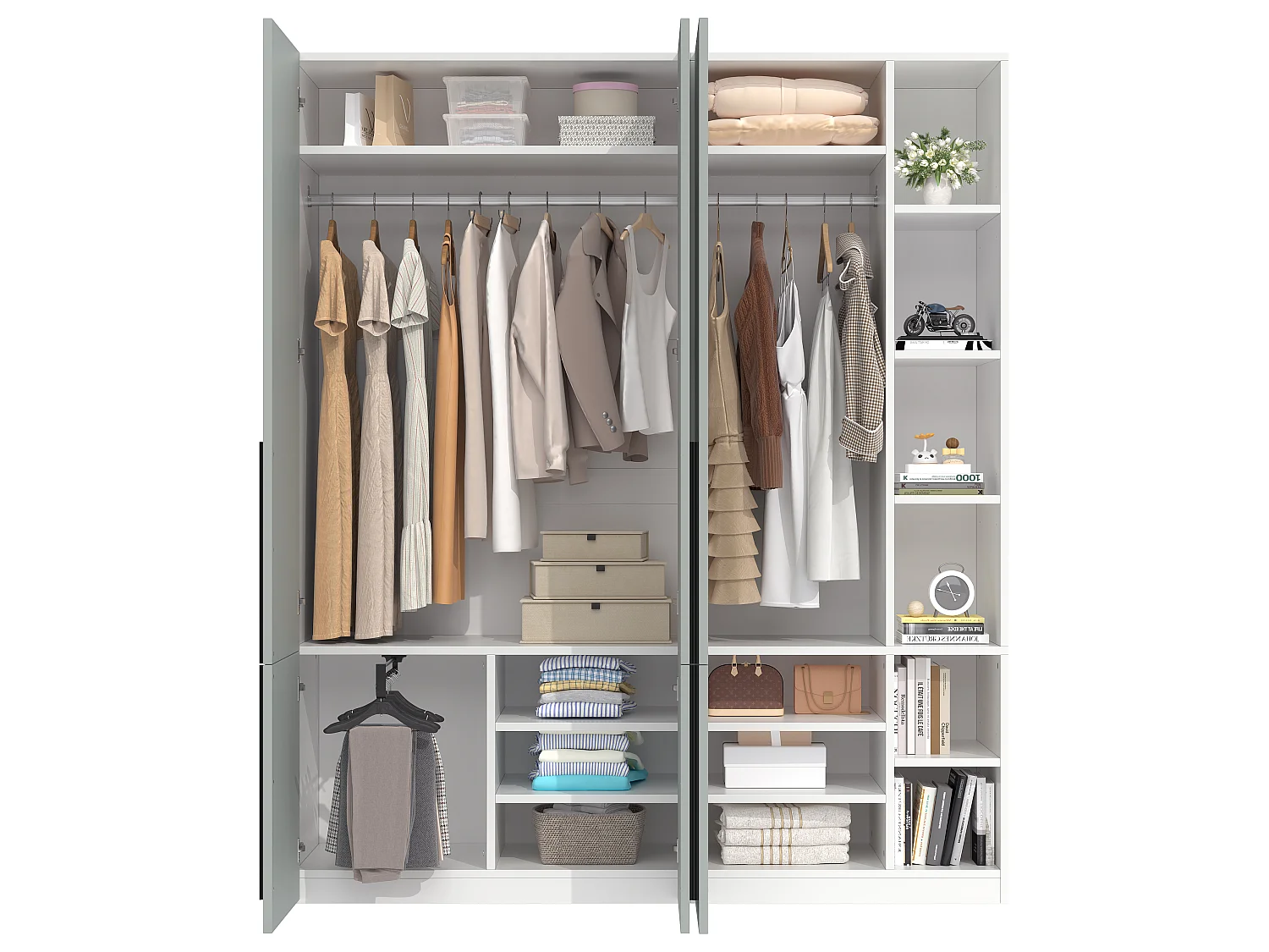 Armoire avec 4 portes, 2 penderies, porte-pantalons coulissant et 14 compartiments - MDF et panneaux de particules - 160 x 50 x 200 cm - gris
