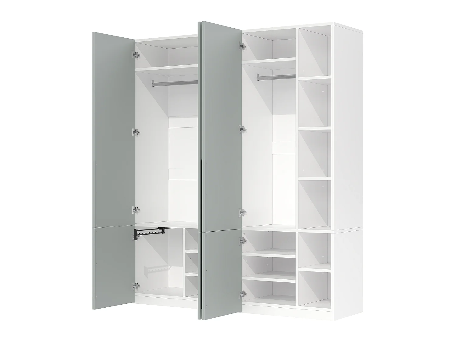 Armoire avec 4 portes, 2 penderies, porte-pantalons coulissant et 14 compartiments - MDF et panneaux de particules - 160 x 50 x 200 cm - gris