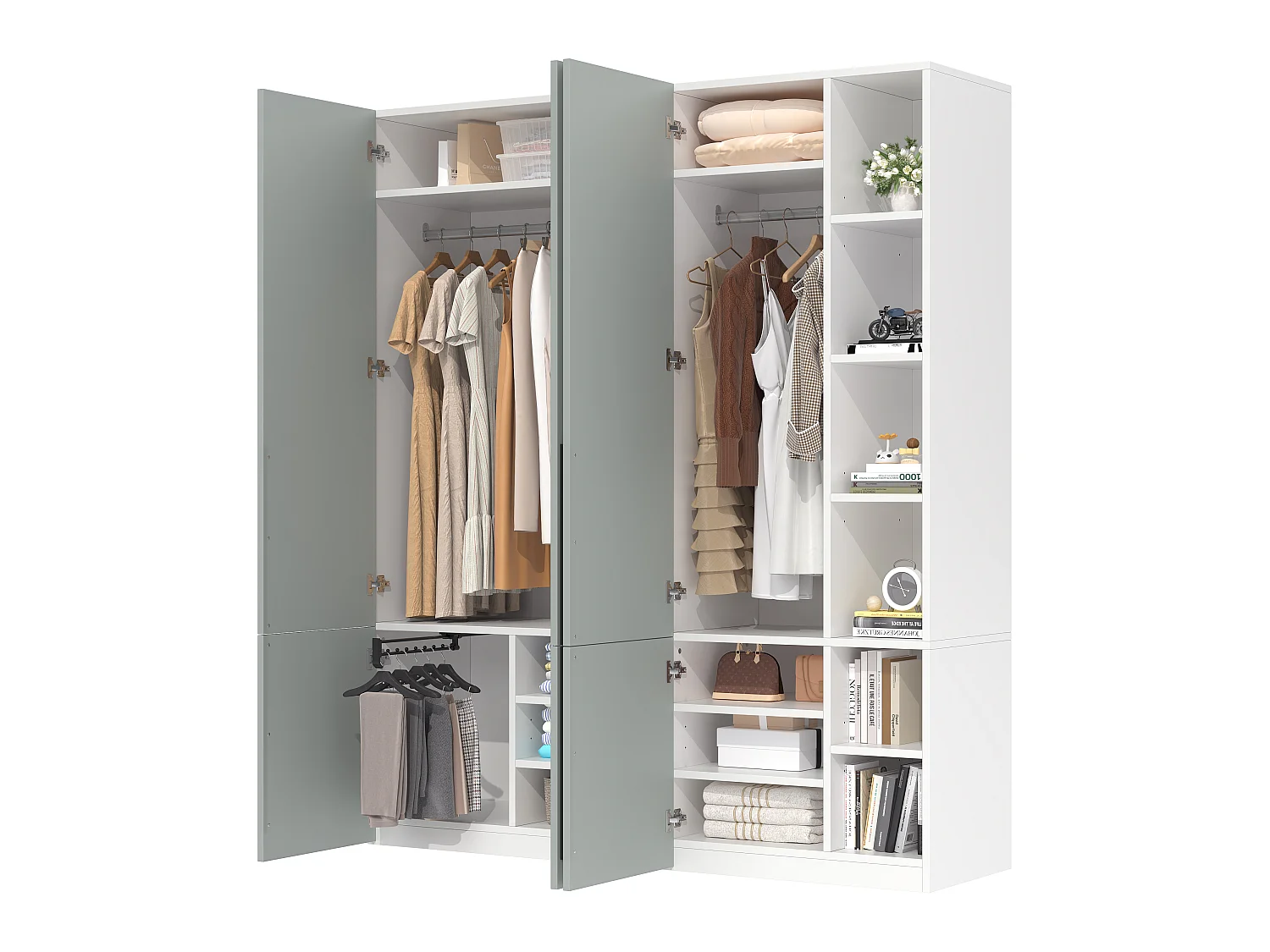 Armoire avec 4 portes, 2 penderies, porte-pantalons coulissant et 14 compartiments - MDF et panneaux de particules - 160 x 50 x 200 cm - gris