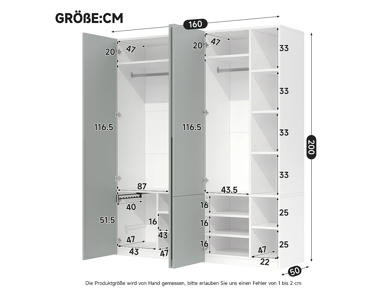 Armoire avec 4 portes, 2 penderies, porte-pantalons coulissant et 14 compartiments - MDF et panneaux de particules - 160 x 50 x 200 cm - gris