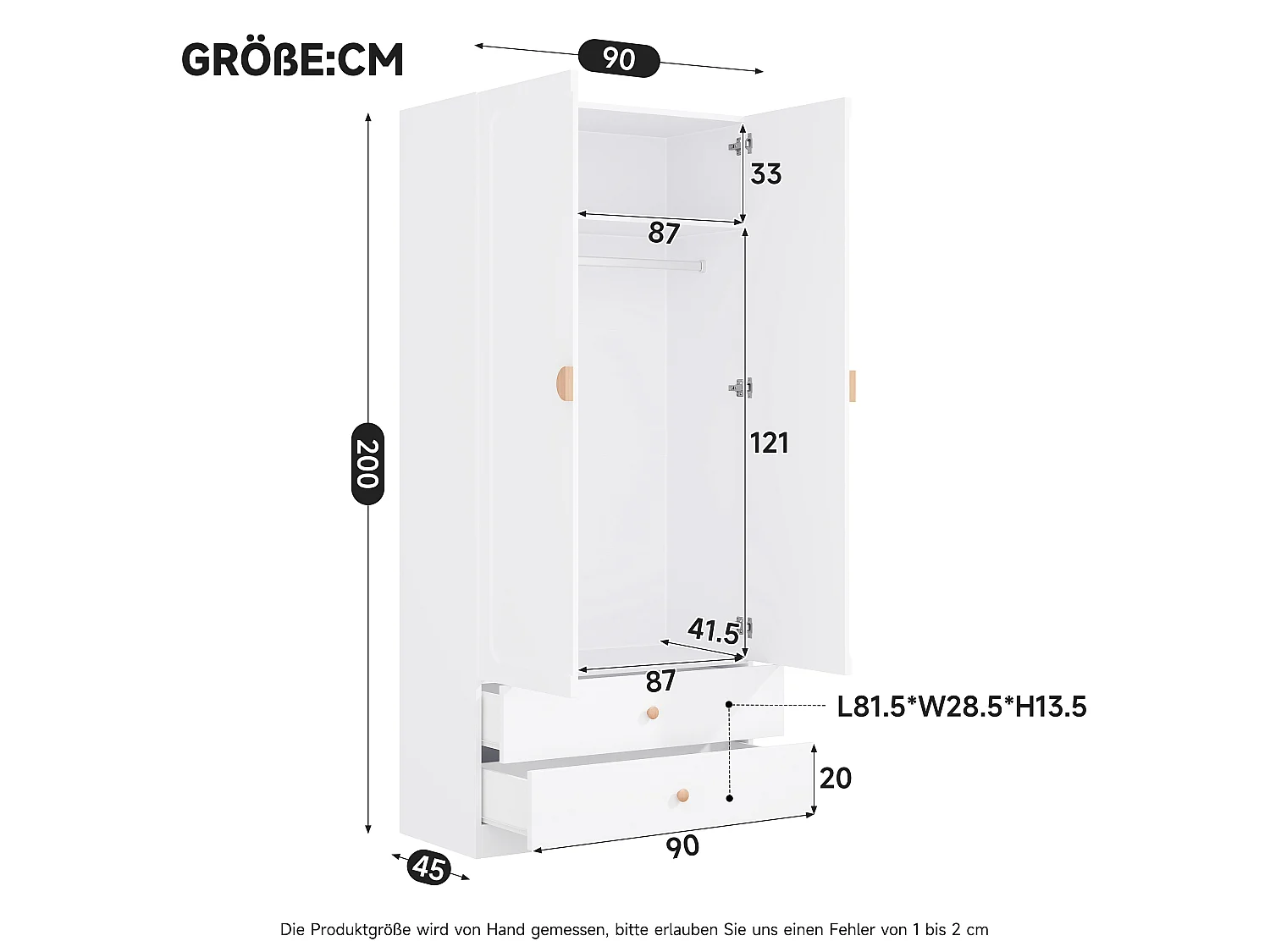 Kleiderschrank mit Kleiderstange, 2 Schubladen und Massivholzgriffen – MDF, Massivholz und Stahl – 90 x 45 x 200 cm – Weiß