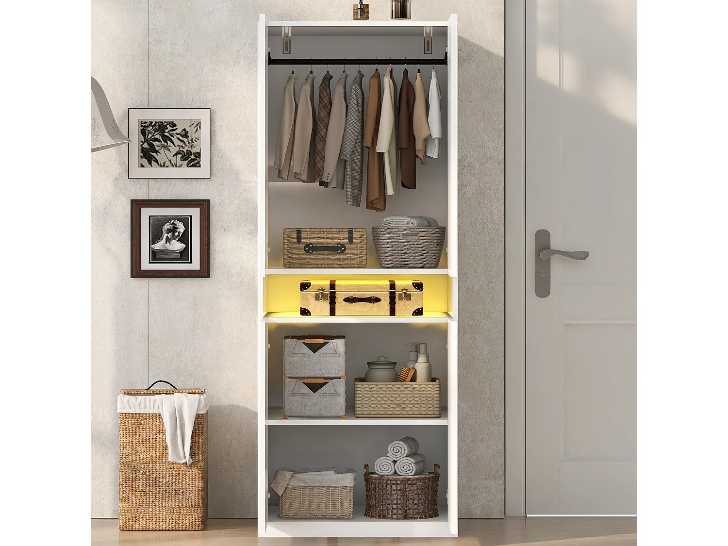Schrank 4Türen mit LED-Fach und Kleiderschrank – Metall- und Verbundplatten – 70 x 55 x 180 cm – Weiß