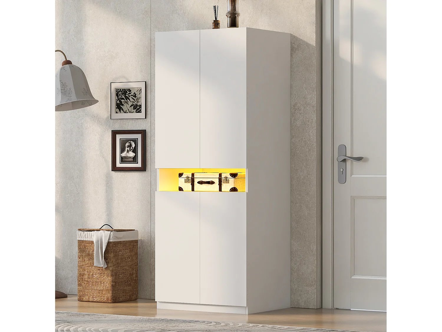 Schrank 4Türen mit LED-Fach und Kleiderschrank – Metall- und Verbundplatten – 70 x 55 x 180 cm – Weiß