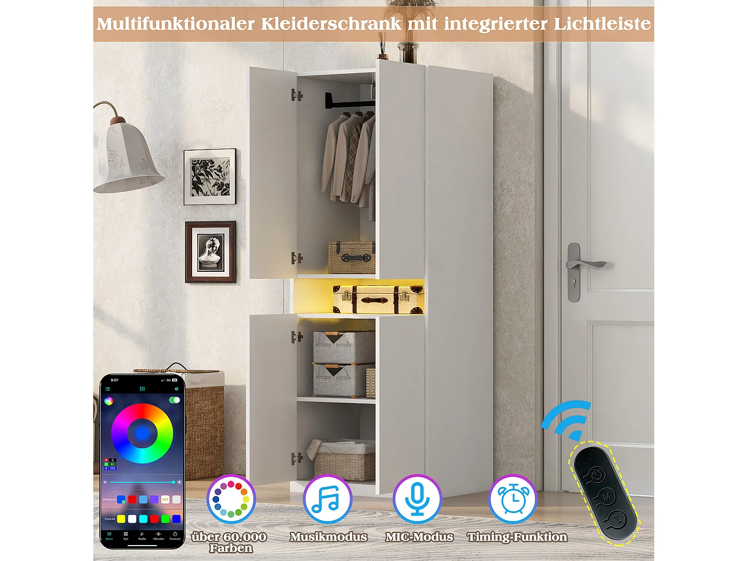 Schrank 4Türen mit LED-Fach und Kleiderschrank – Metall- und Verbundplatten – 70 x 55 x 180 cm – Weiß
