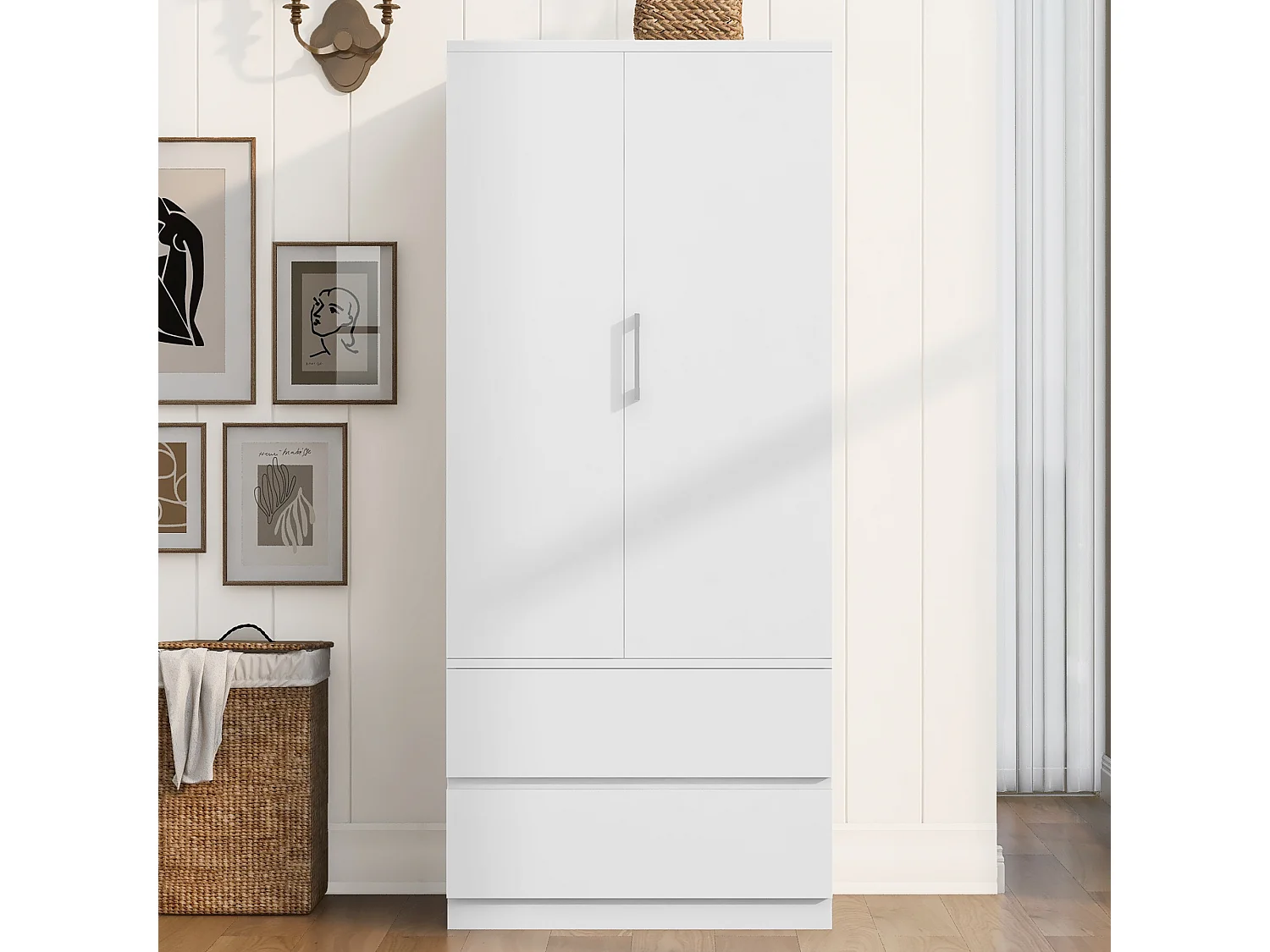 Kleiderschrank mit einer Tür, Kleiderstange, zwei Schubladen und offenen Regalfächern – Holz, Metall, Sperrholz und MDF – 70 x 50 x 175 cm – Weiß