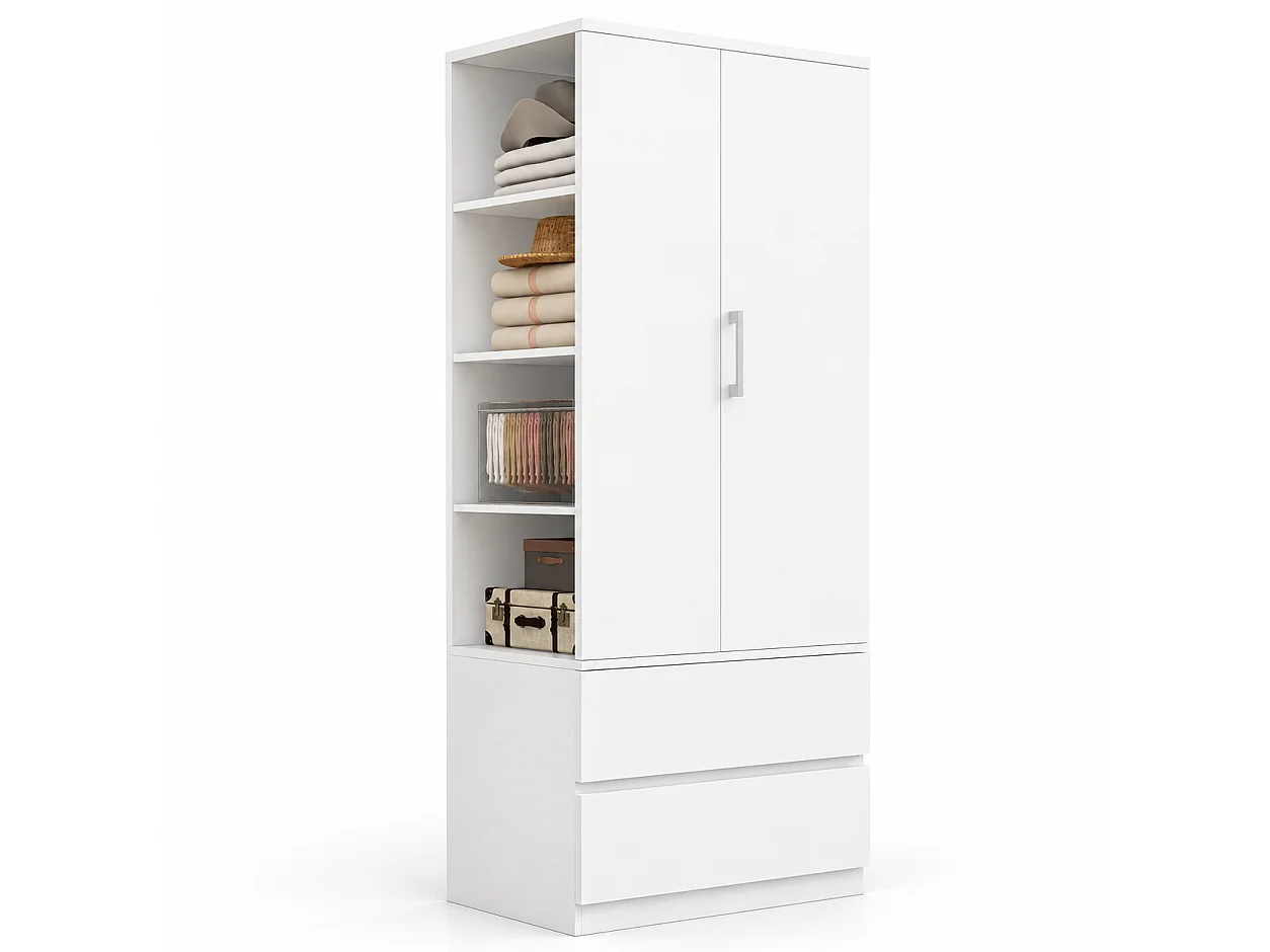 Kleiderschrank mit einer Tür, Kleiderstange, zwei Schubladen und offenen Regalfächern – Holz, Metall, Sperrholz und MDF – 70 x 50 x 175 cm – Weiß