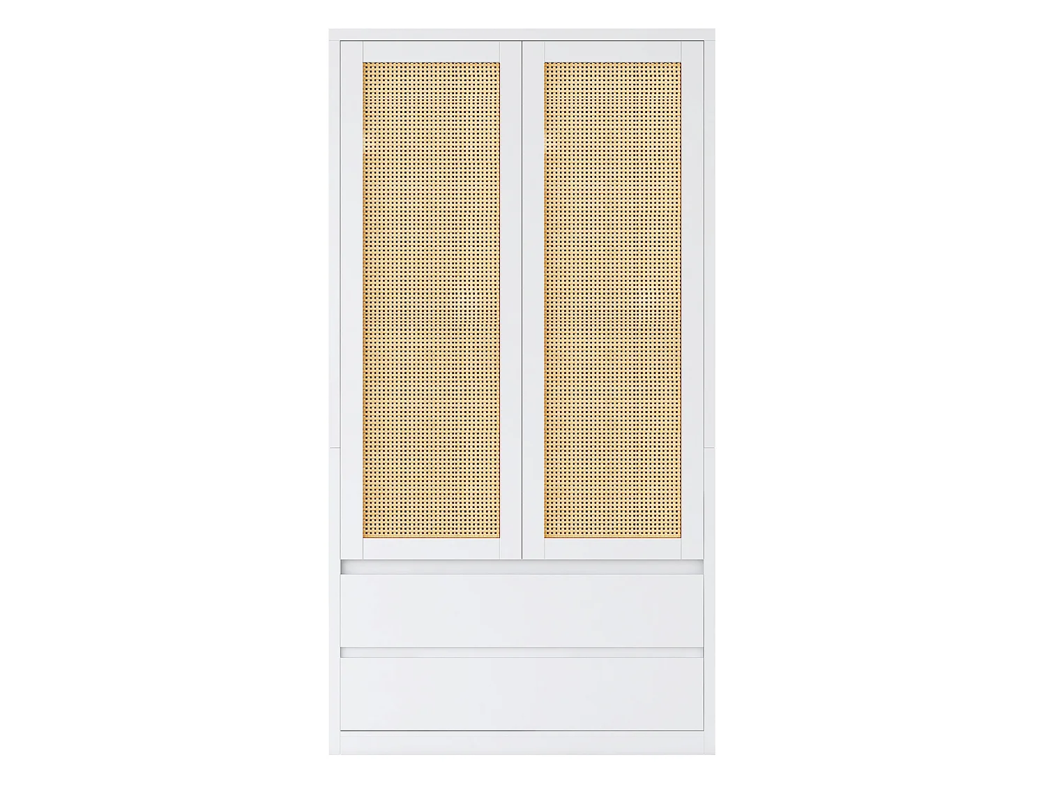 Kleiderschrank mit zwei Türen in Rattanoptik, Kleiderstange und zwei großen Schubladen – Holz und Holzwerkstoffplatten – 90 x 50 x 170 cm – Weiß