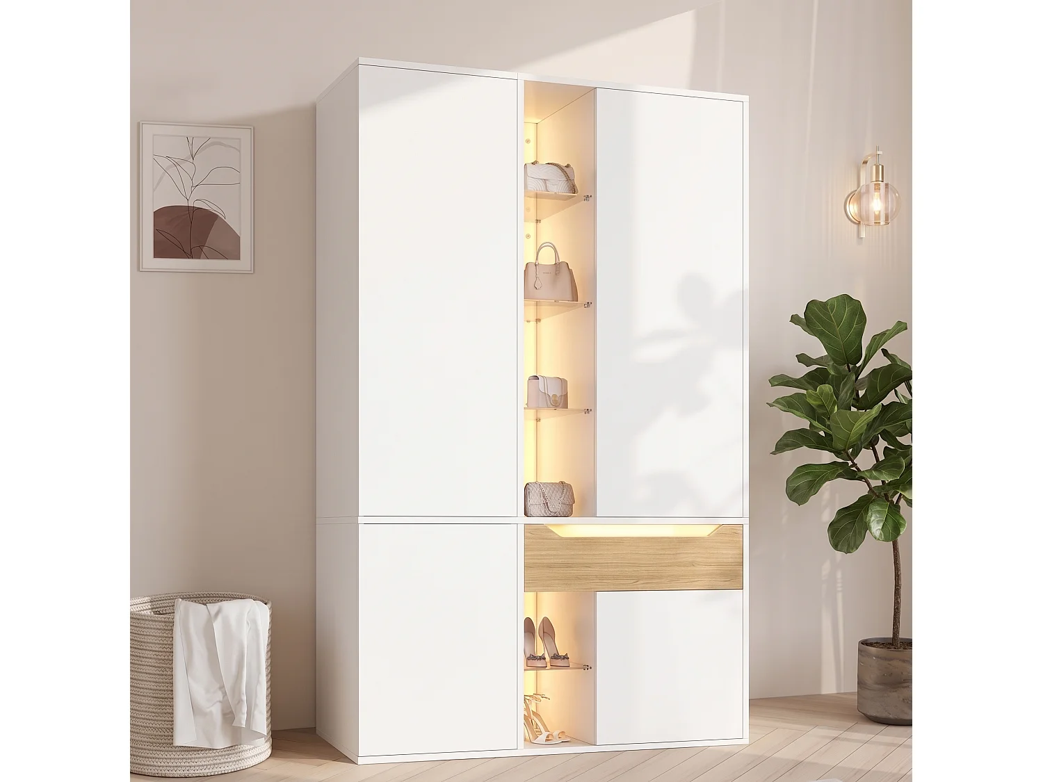 Szafa z witryną szklaną, oświetleniem LED, 1 drążkiem na ubrania, 1 szufladą, 6 otwartymi przegródkami i 4 drzwiami - MDF - 122 x 50 x 200 cm - biała